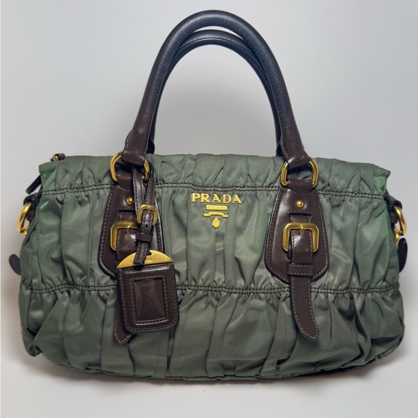 Prada Prada Tessuto Gaufre Olive Green & Brown Leather Satchel Size ONE SIZE - 1 Thumbnail