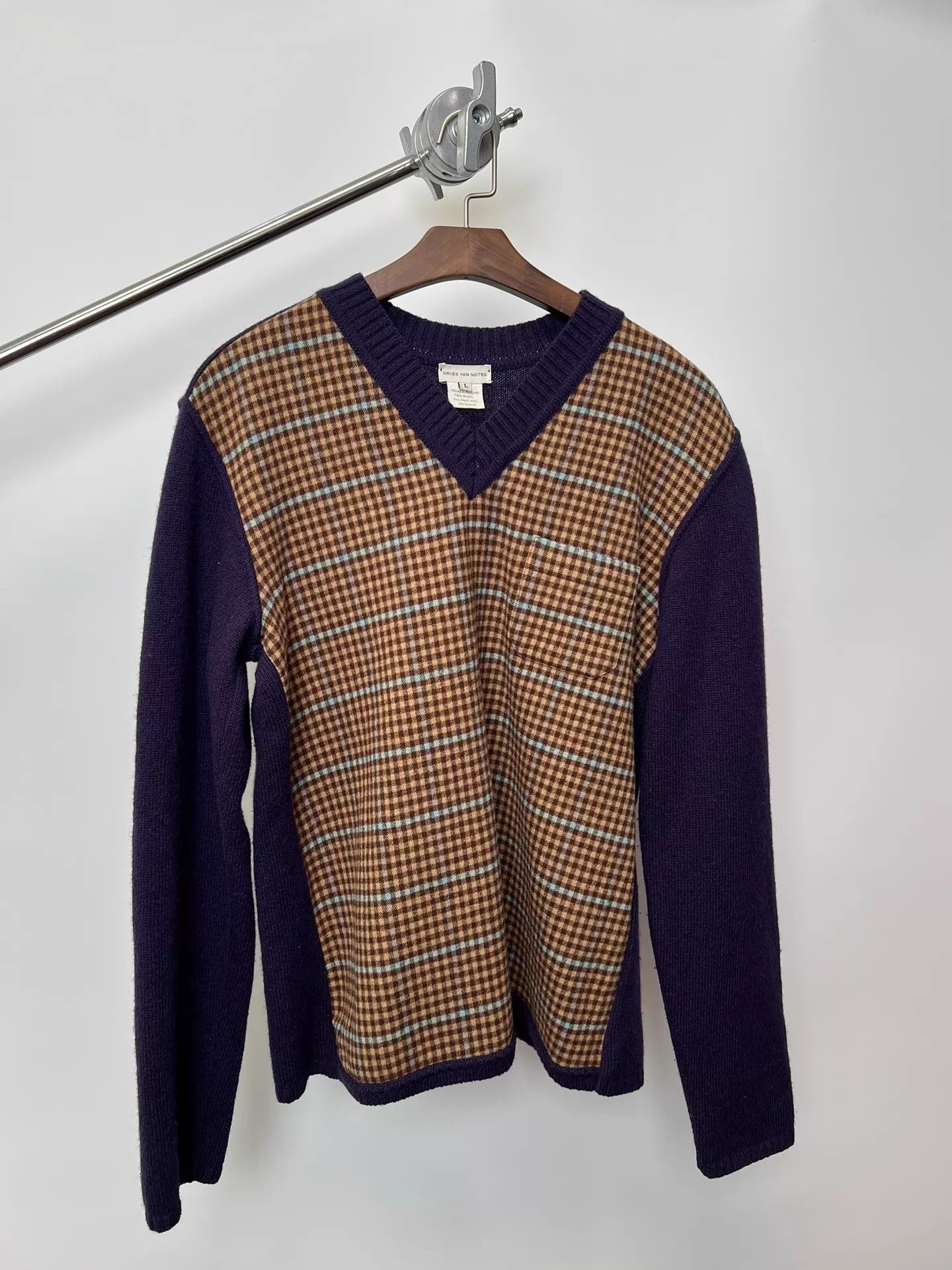 Dries Van Noten DVN Purple Check Colorblock Wool Sweater Size L / US 10 / IT 46 - 2 Thumbnail