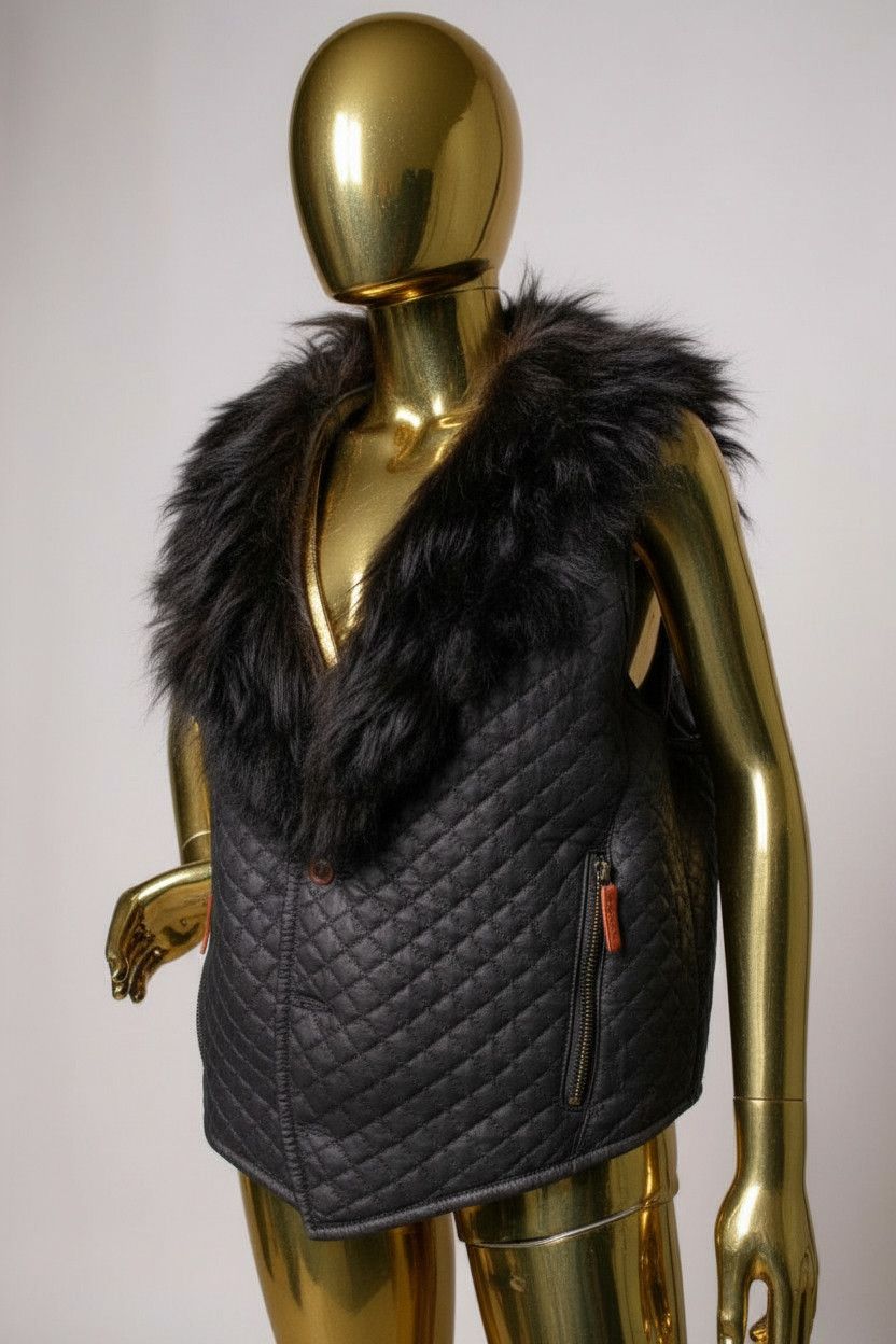 Vintage Black Quilted Vest with Real Mongolian Fur Collar Size US L / EU 52-54 / 3 - 3 Thumbnail