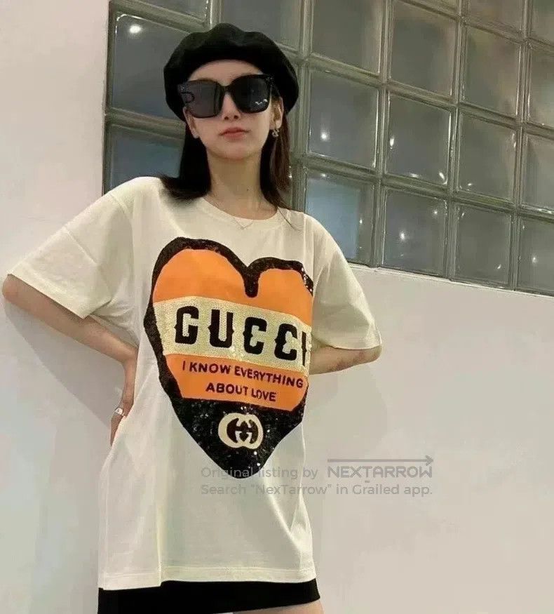 Gucci Gucci Beige love logo letter sequin cotton round-neck shor Size S / US 4 / IT 40 - 7 Thumbnail