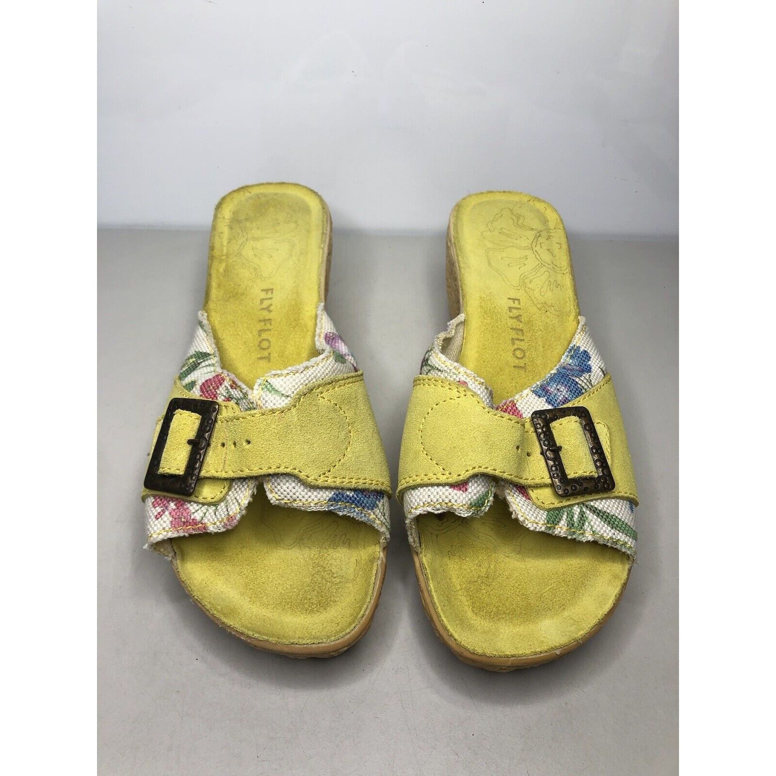 Other FLY FLOT Anti Shock Yellow Suede Floral Buckle Wedge Sandals Size US 10.5 / IT 40.5 - 2 Thumbnail