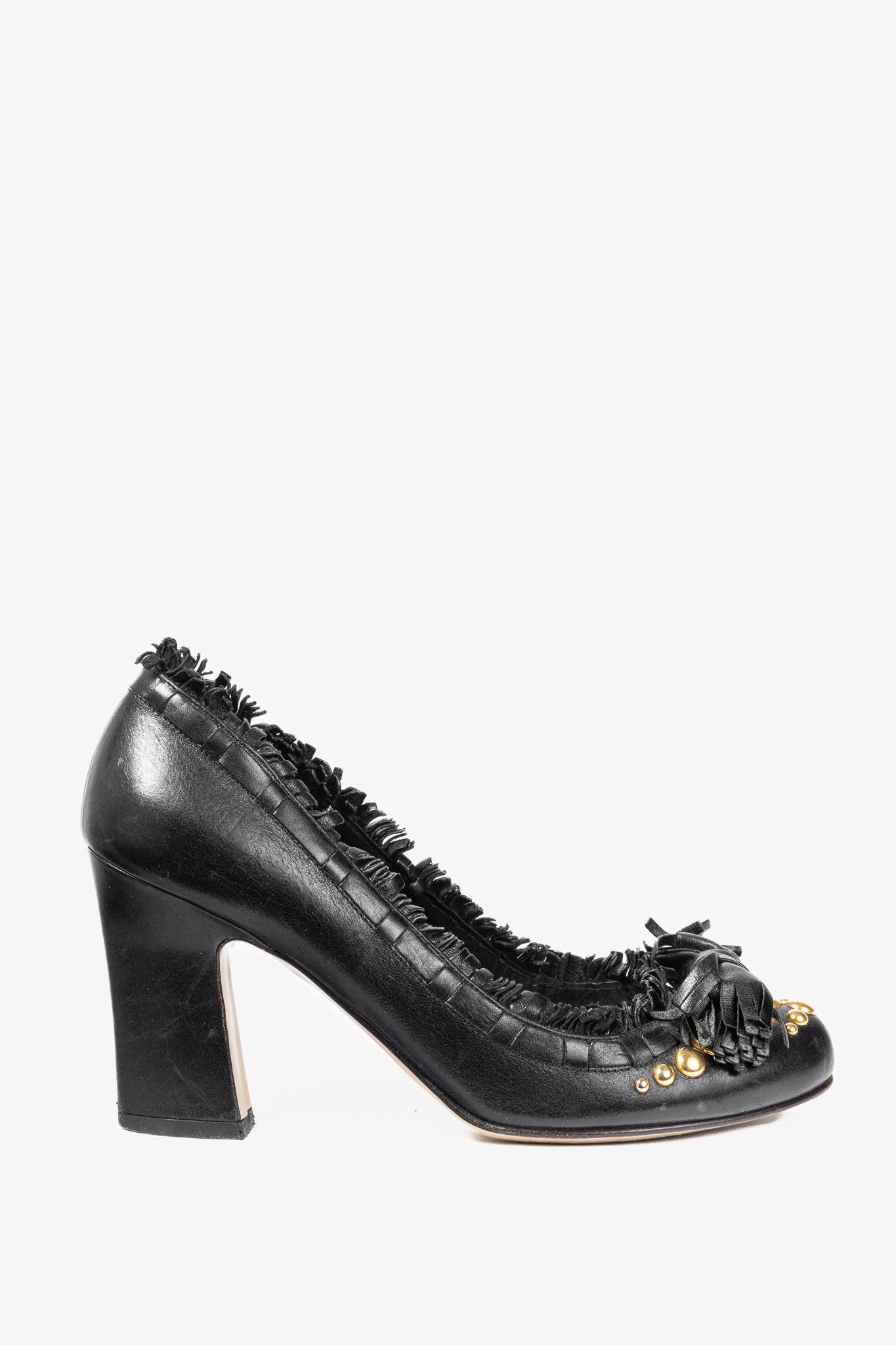Miu Miu Black Leather Fringe-Trim Studded Bow Heels