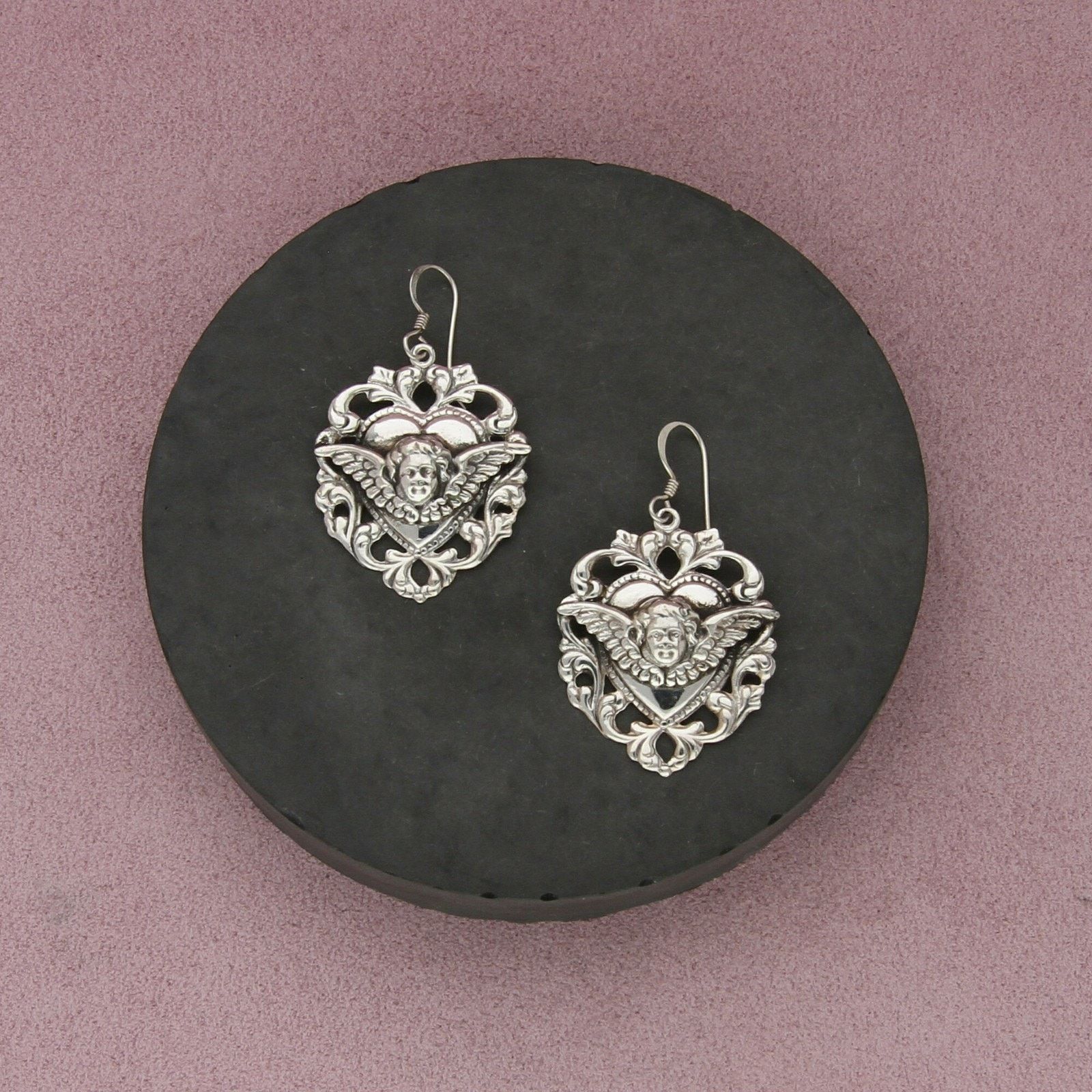 Sterling Silver sterling silver cherub angel scroll heart dangle earrings Size ONE SIZE - 1 Thumbnail