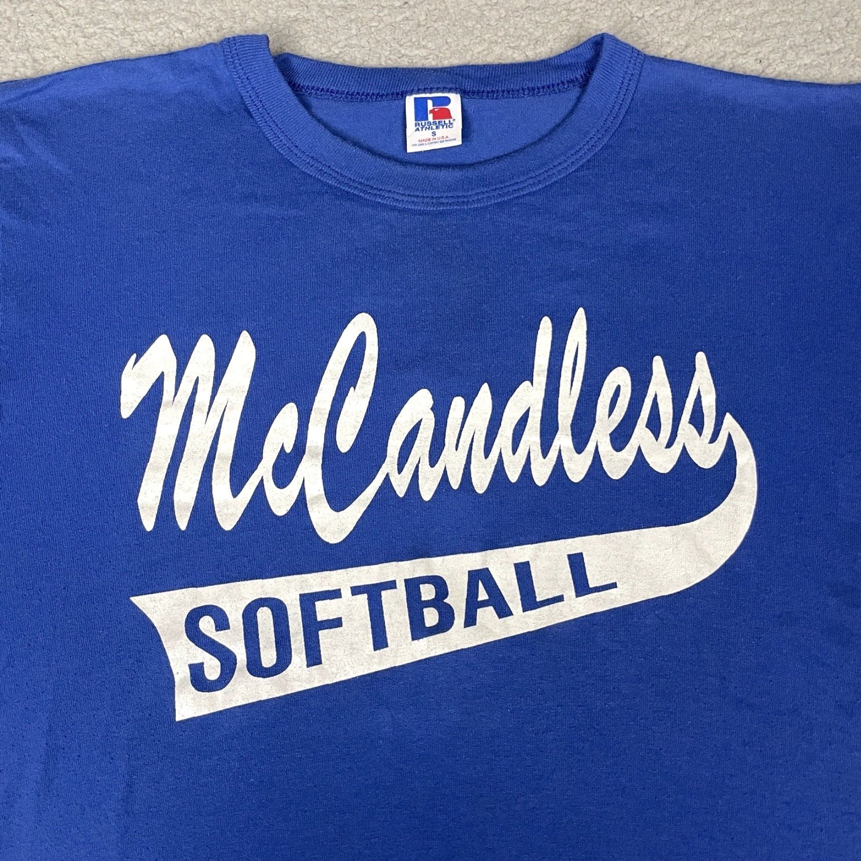 Russell Athletic VINTAGE Russell Athletic Tshirt Adult Small Blue McCandless Softball White USA S Size US S / EU 44-46 / 1 - 2 Thumbnail