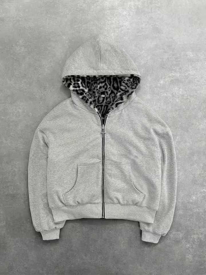 Japanese Brand Grey Leopard Print Reversible Fleece Zip Hoodie – Streetwear Size US M / EU 48-50 / 2 - 2 Thumbnail