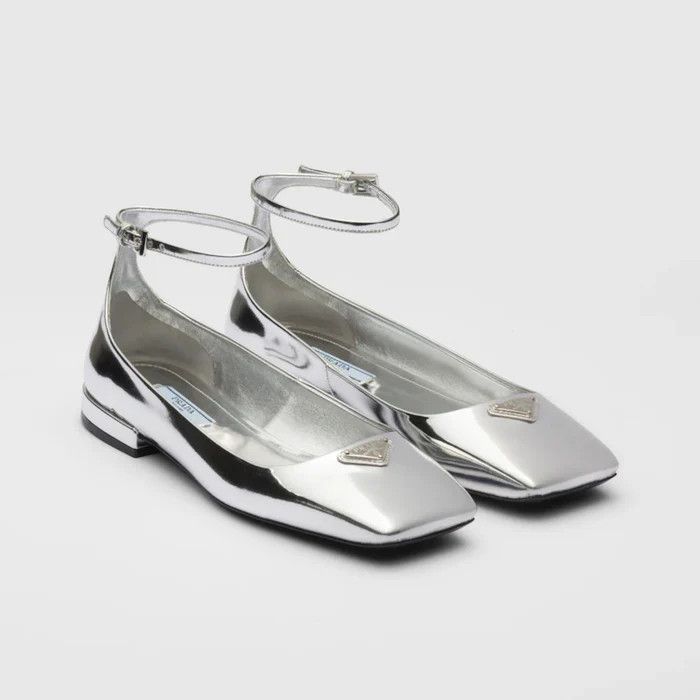 Prada o1w1db11124 Triangle Logo Patience Leather Ballerina Silver Size US 6 / IT 36 - 2 Thumbnail
