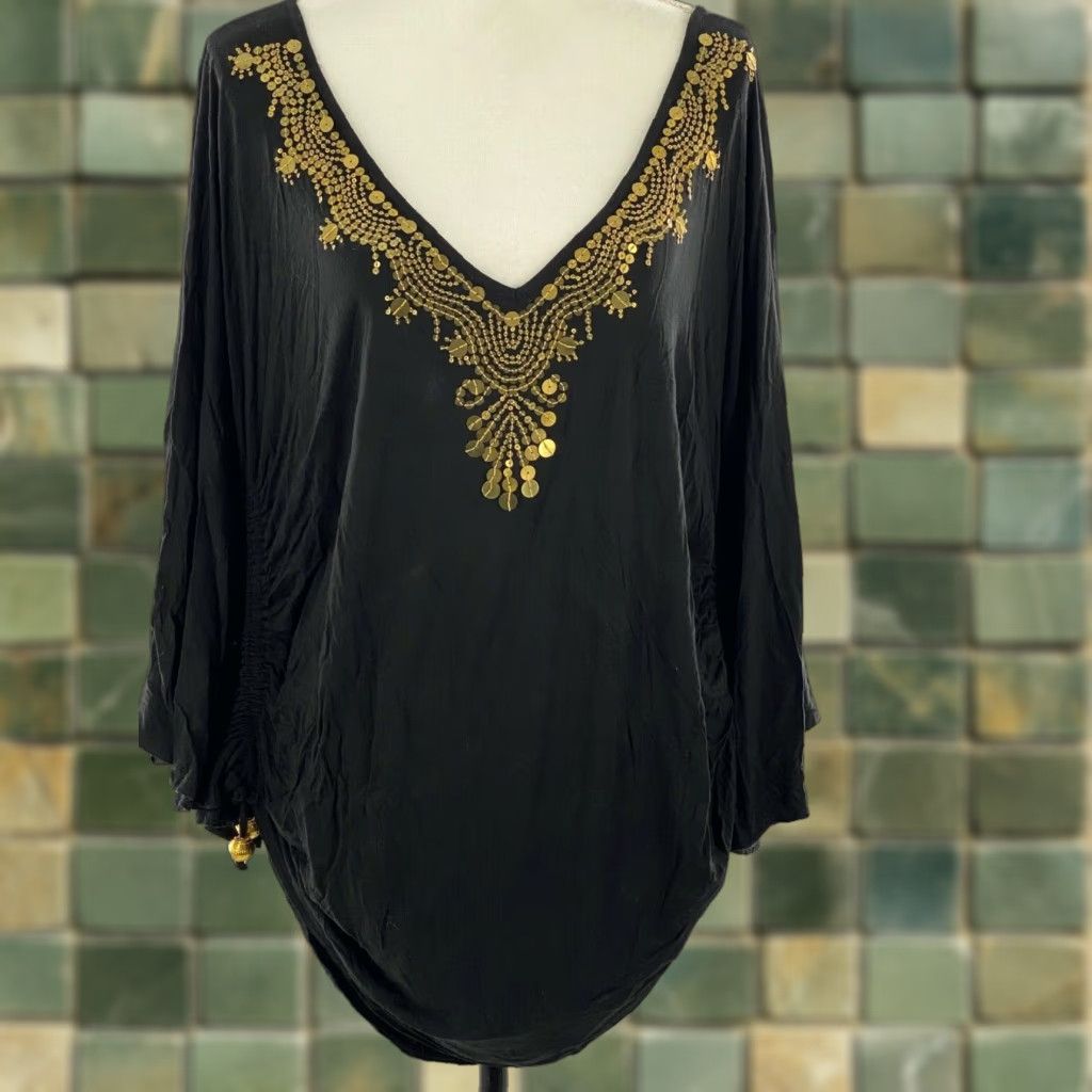 Soft Surroundings Blouse Women 14/16 Black Gold Embellished Rayon Stretch Short Sleeve V-Neck Button Casual Basic Shape Womens