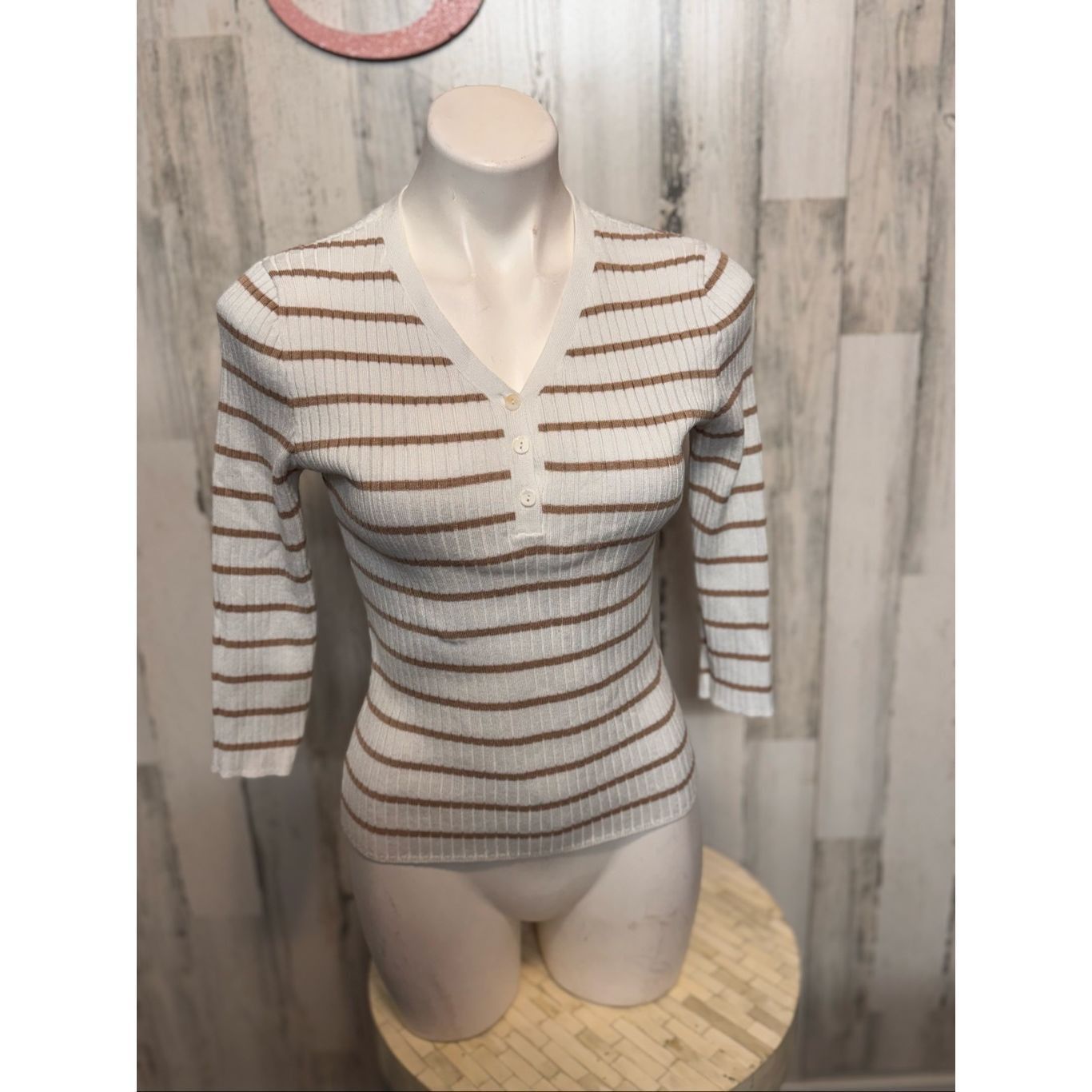 Other White & Brown Striped Henley Ribbed Knit Top – Small Size S / US 4 / IT 40 - 2 Thumbnail