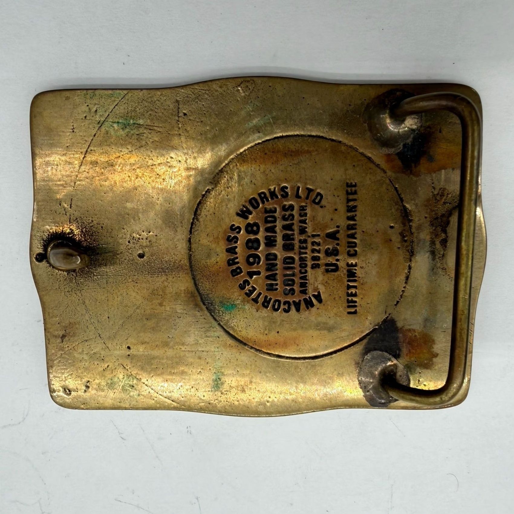 Vintage VINTAGE Cain Chemical Belt Buckle Bronze Brass 1988 Safe Hours Handmade Advertising Anacortes Brass Works Belt Buckle Bronze 1970s Mens Size ONE SIZE - 4 Thumbnail