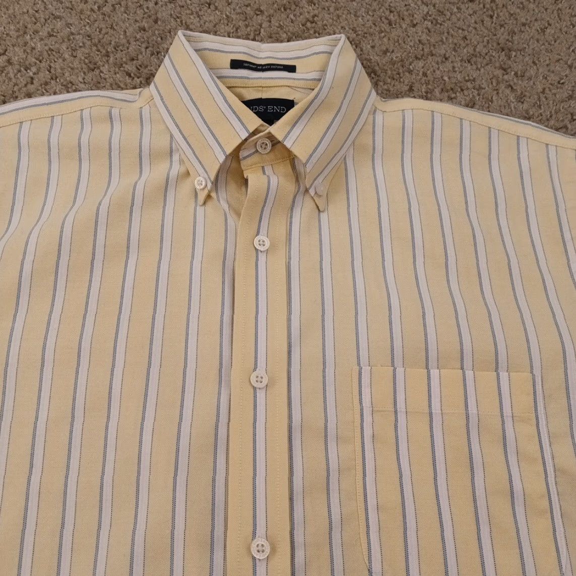 Lands' End Lands' End Oxford Shirt Mens 15.5 Yellow Striped Short Sleeve Button-Down Cotton Shirt Mens Size US L / EU 52-54 / 3 - 2 Thumbnail