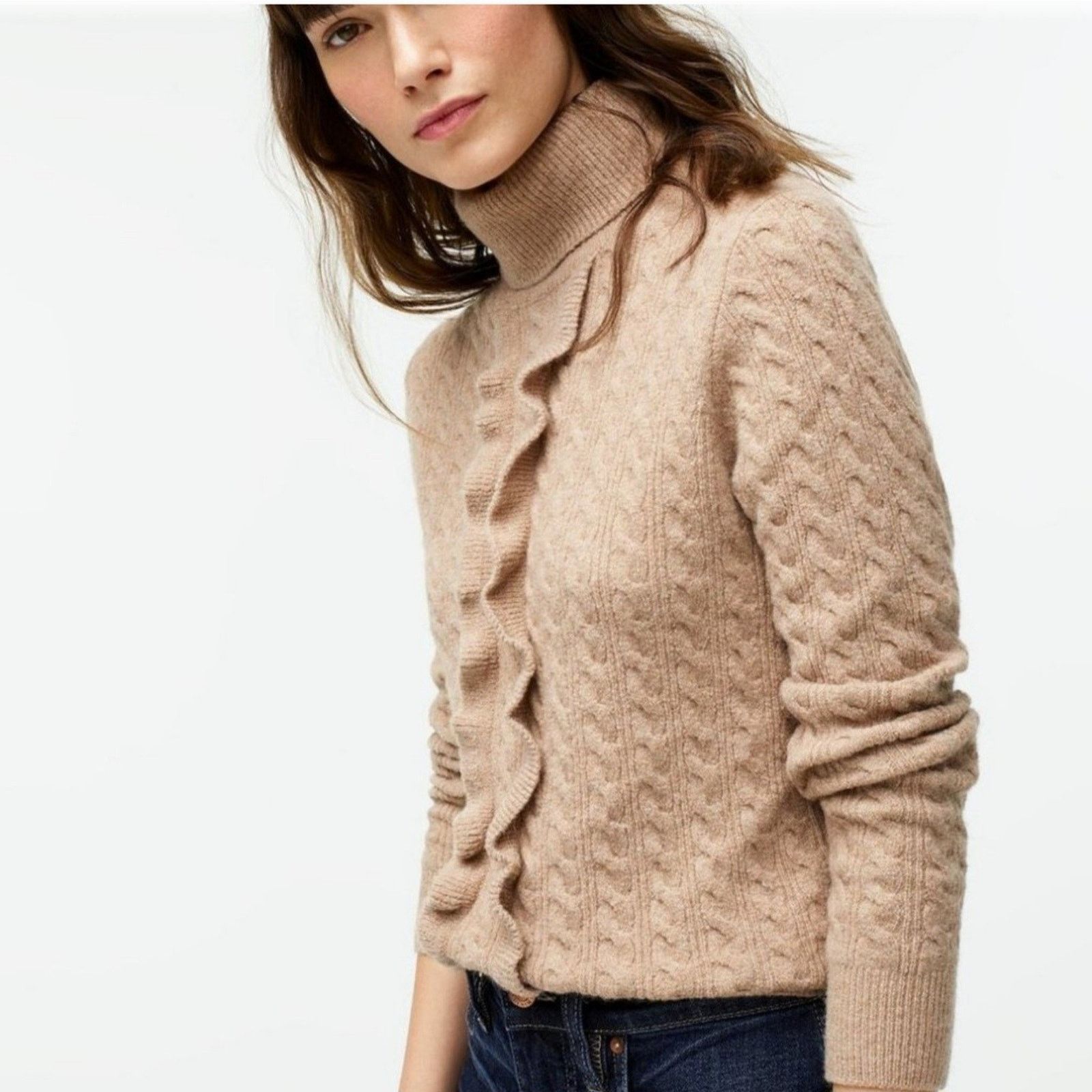 J.Crew J CREW0 Ruffle Front Cable Knit Alpaca Wool Turtleneck Size XS / US 0-2 / IT 36-38 - 3 Thumbnail