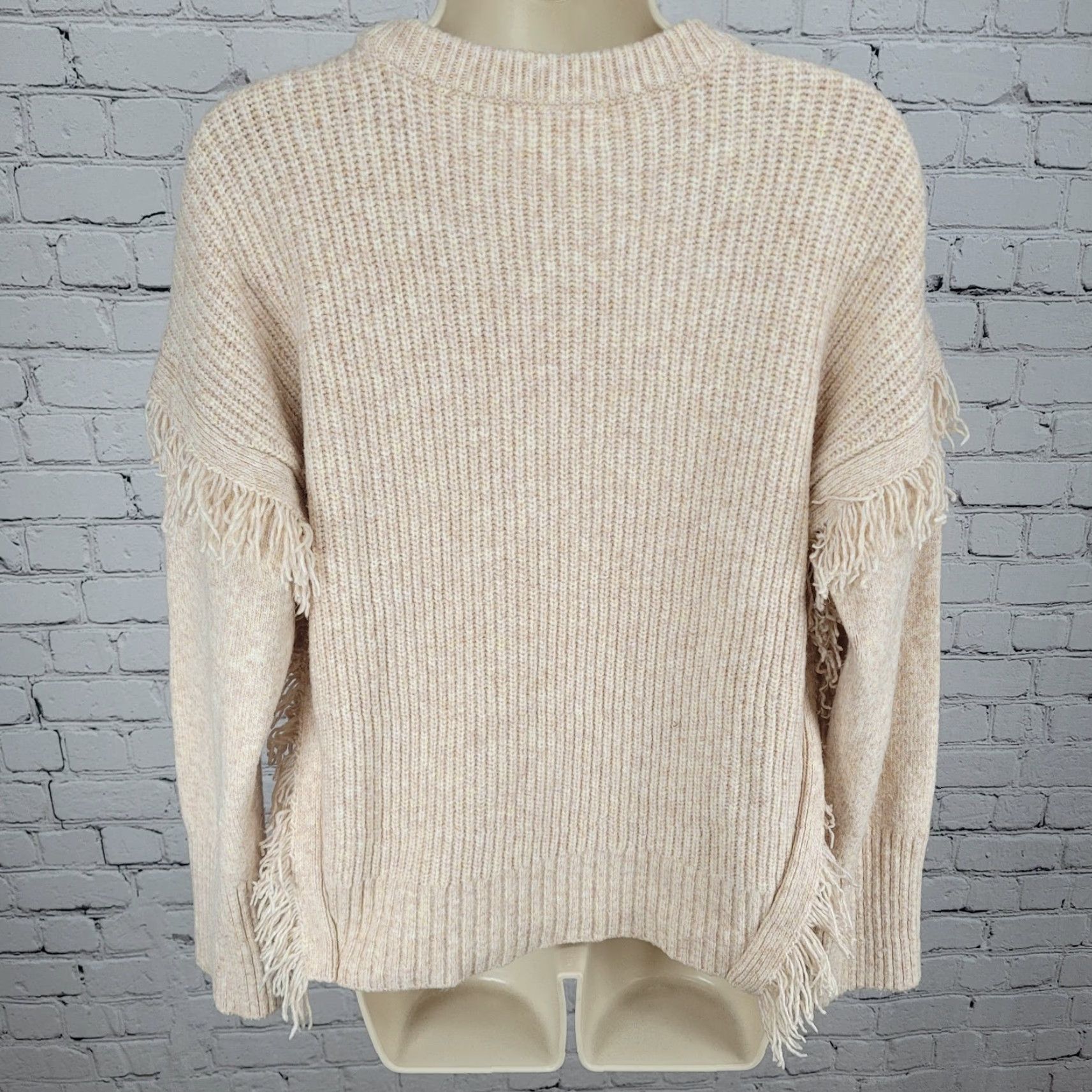 Anthropologie VINTAGE Anthropologie Boho Pullover Sweater Women Medium Wool Blend Fringe Pink Beige Fall Winter Size M / US 6-8 / IT 42-44 - 2 Thumbnail