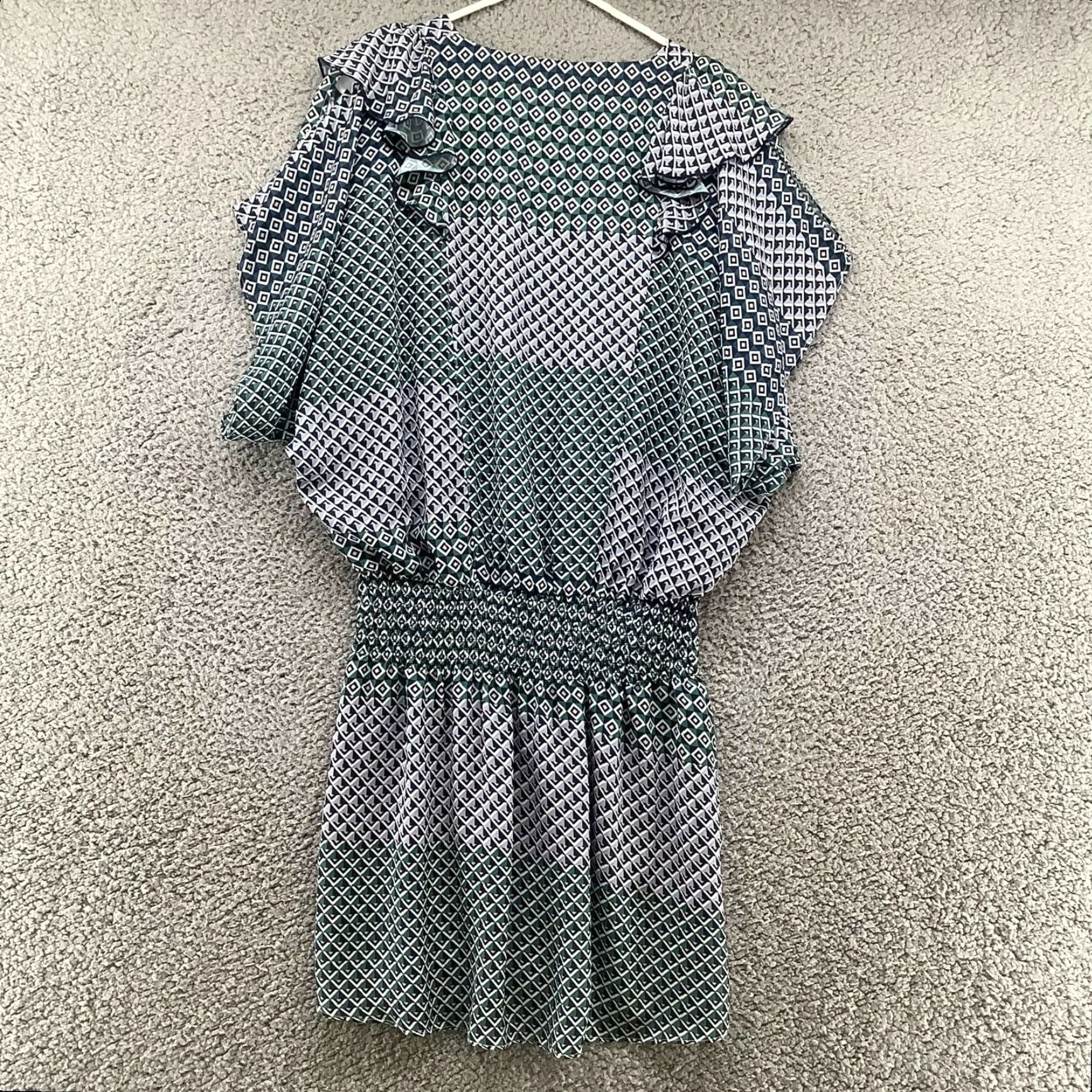 Parker Parker Mini Dress Sz M Blue Green Printed Short Sleeve A-Line Ruffle Smocked Geometric V-Neck Cap/Short Sleeve? Size 32" / US 10 / IT 46 - 2 Thumbnail