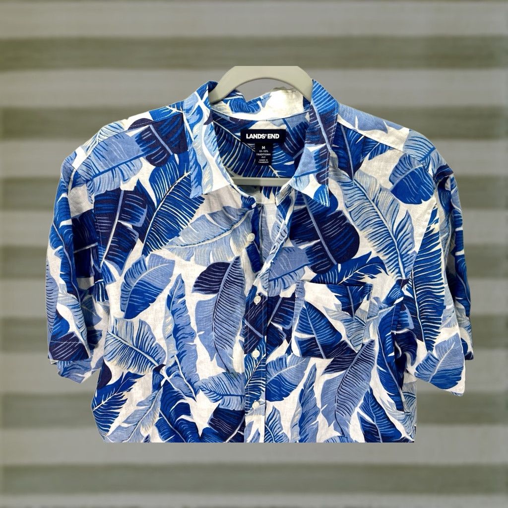 Lands' End Lands' End Linen Cabana Shirt Men M Blue Floral Short Sleeve Button-Up Size US M / EU 48-50 / 2 - 1 Thumbnail