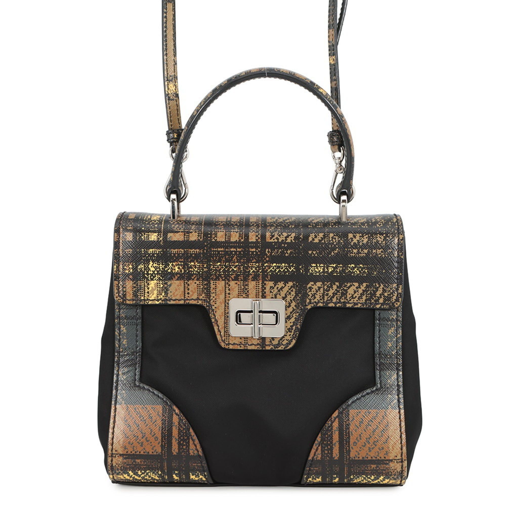 Prada Handbag, Checkered Nylon And Leather, 1Ba014, Prada 2-Way Shoulder Bag, Black, Women's