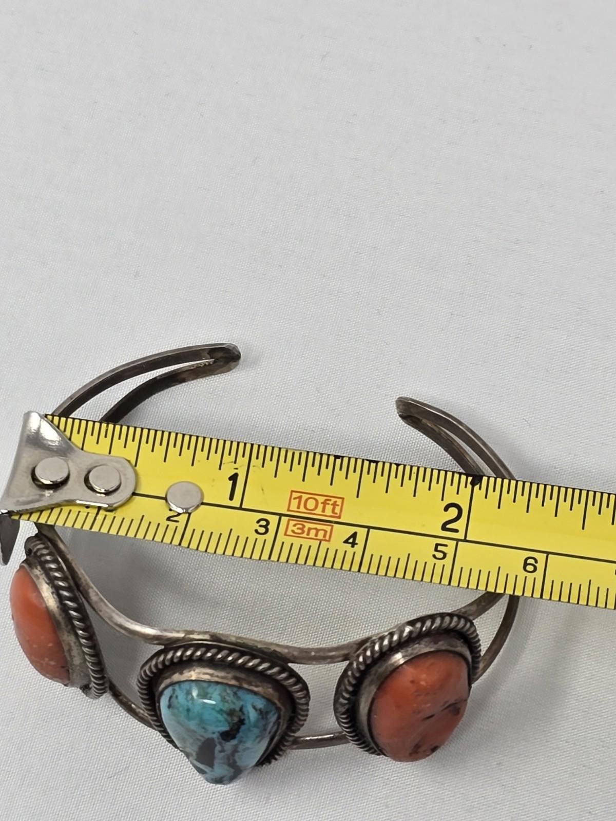 Other Vintage Navajo Sterling Silver Cuff w/ Turquoise & Coral Size ONE SIZE - 3 Thumbnail