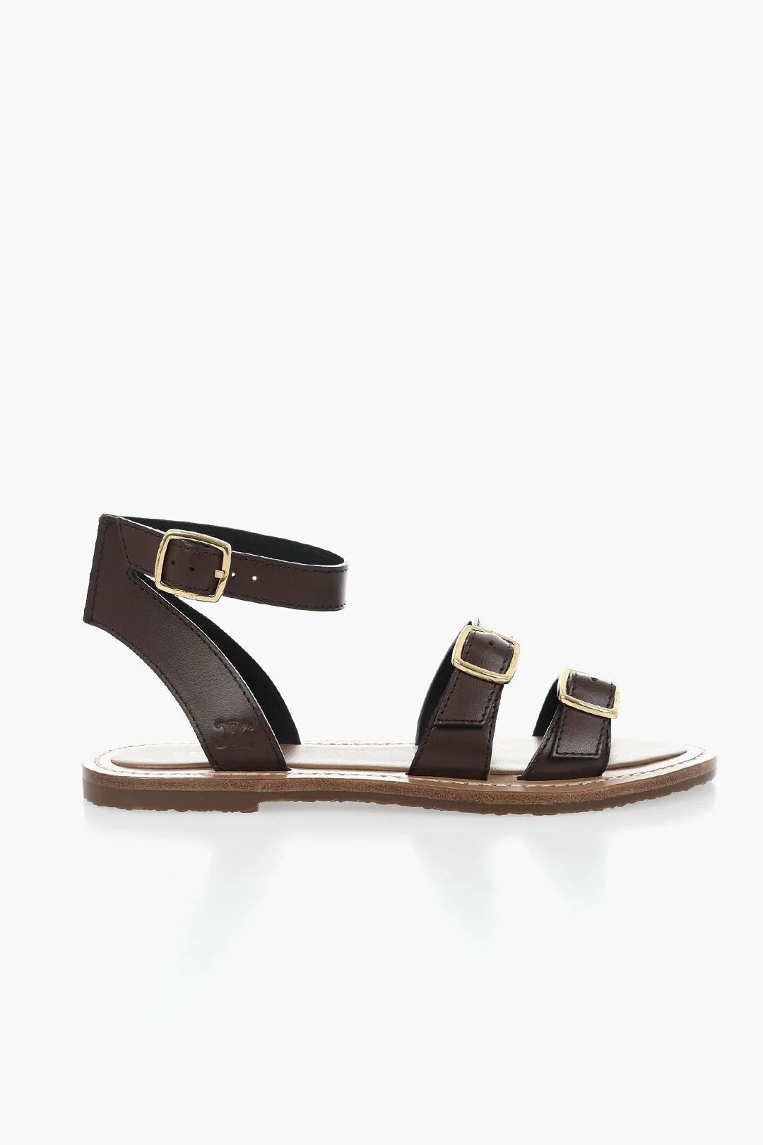 Celine og1mm0326 Double-Buckle Leather Flat Sandals in Brown Size US 7.5 / IT 37.5 - 1 Thumbnail