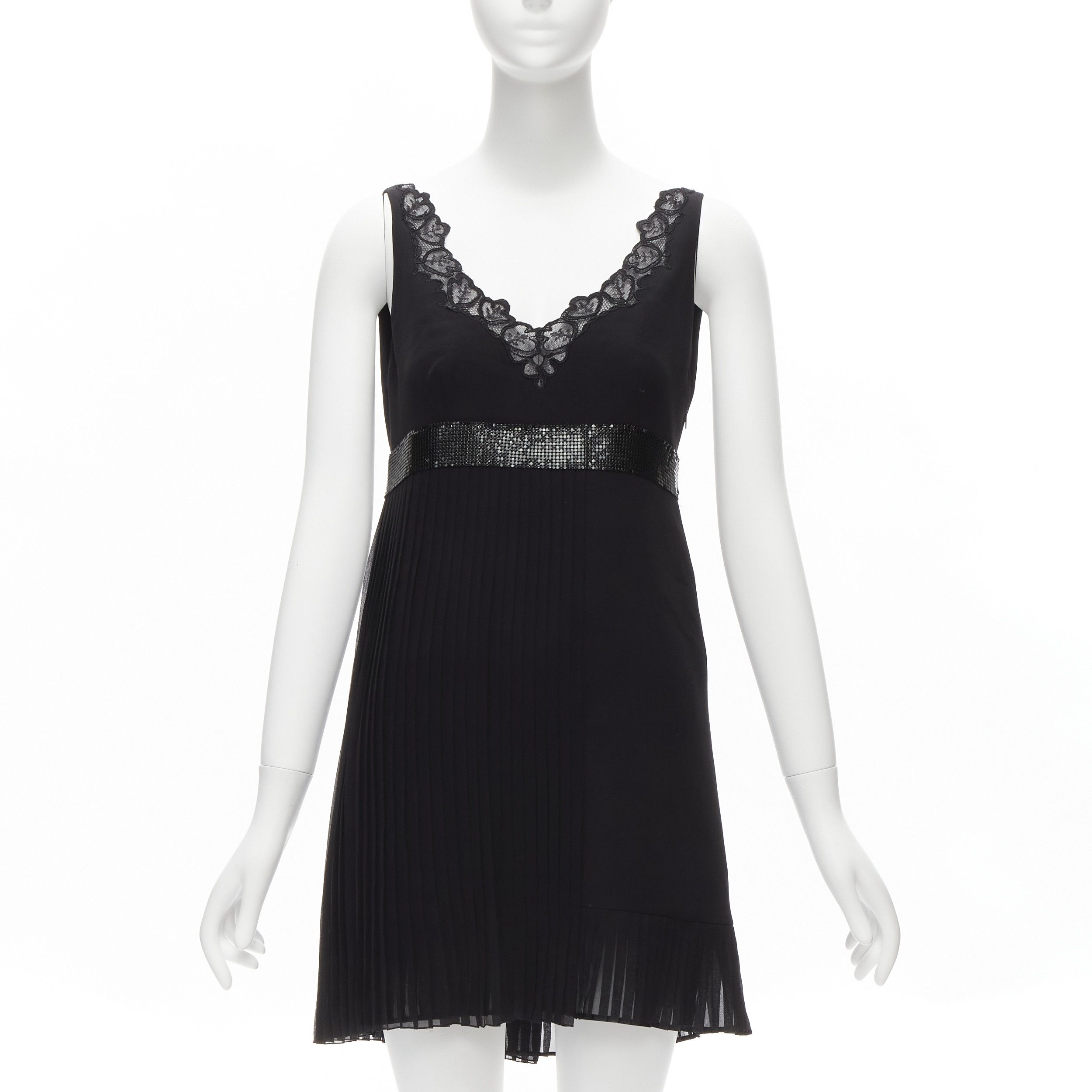 Versace VERSACE 2015 black silk lace V-neck chainmail trim pleated mini dress IT40 S Size S / US 4 / IT 40 - 1 Thumbnail
