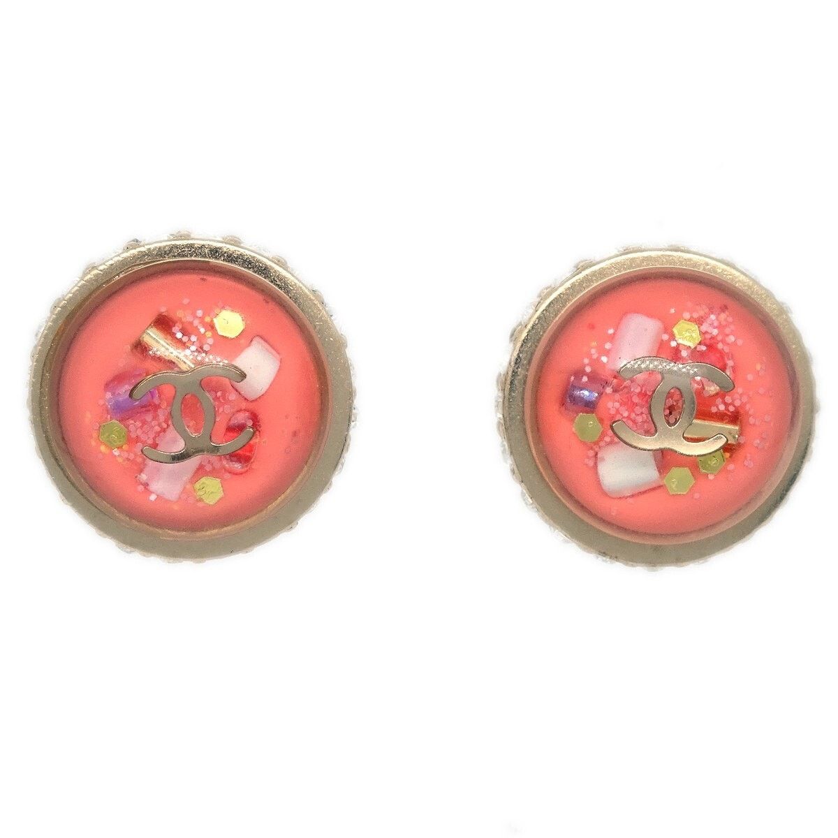 Chanel Metal With Crystals CC Logo Button Stud Earrings Pink
