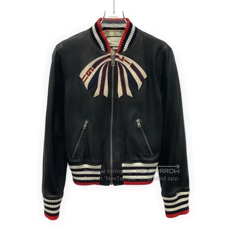 Gucci Gucci Black sheep leather striped bow zipper long-sleeved Size S / US 4 / IT 40 - 1 Thumbnail