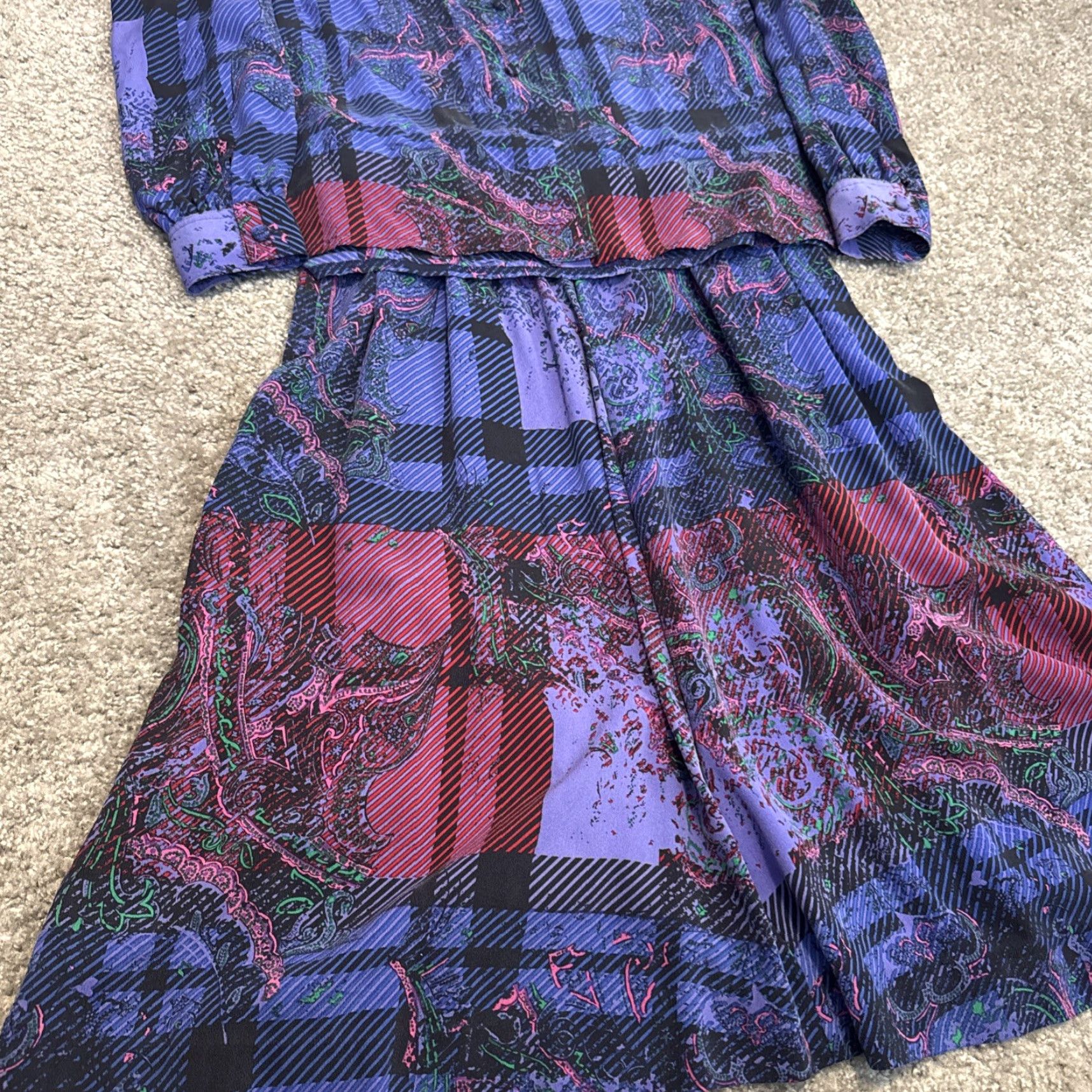 Vintage Vtg 60s Purple Pink Plaid Paisley Button Down Blouse Midi Skirt Homemade Set Size M / US 6-8 / IT 42-44 - 2 Thumbnail