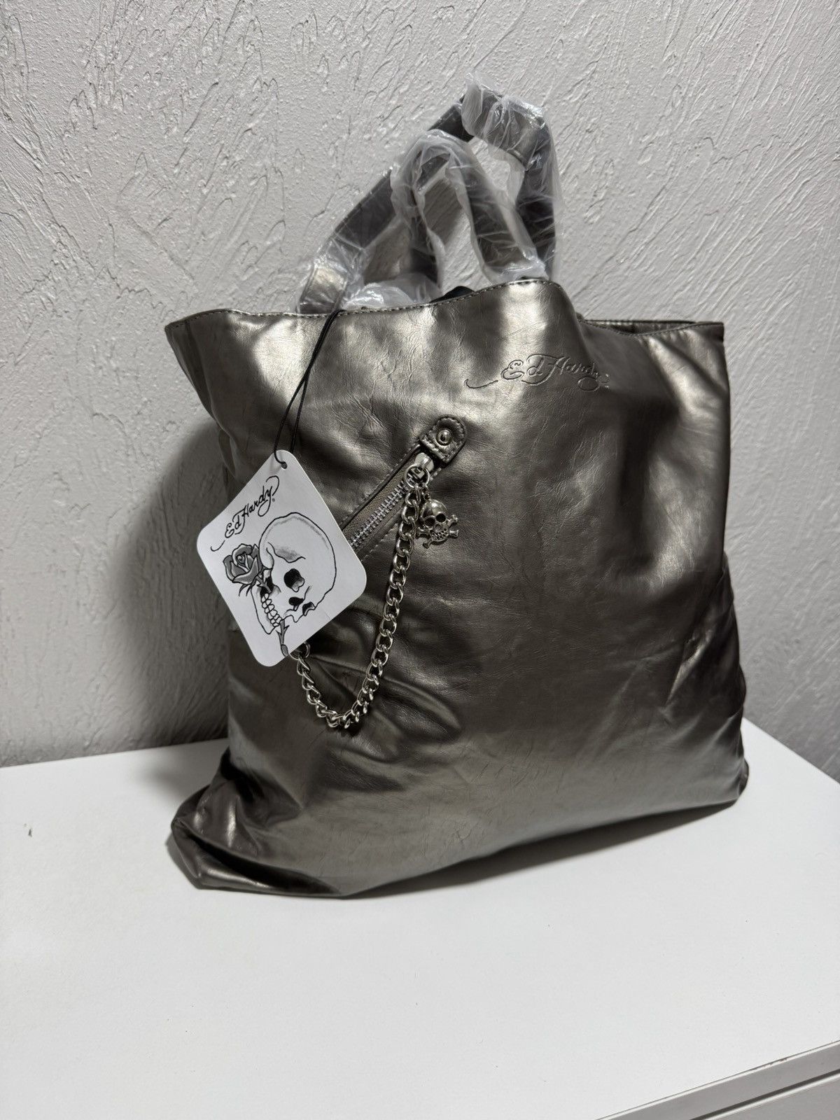 Christian Audigier x Ed Hardy Large Tote Bag Vintage Y2K Leather in Grey, Men's