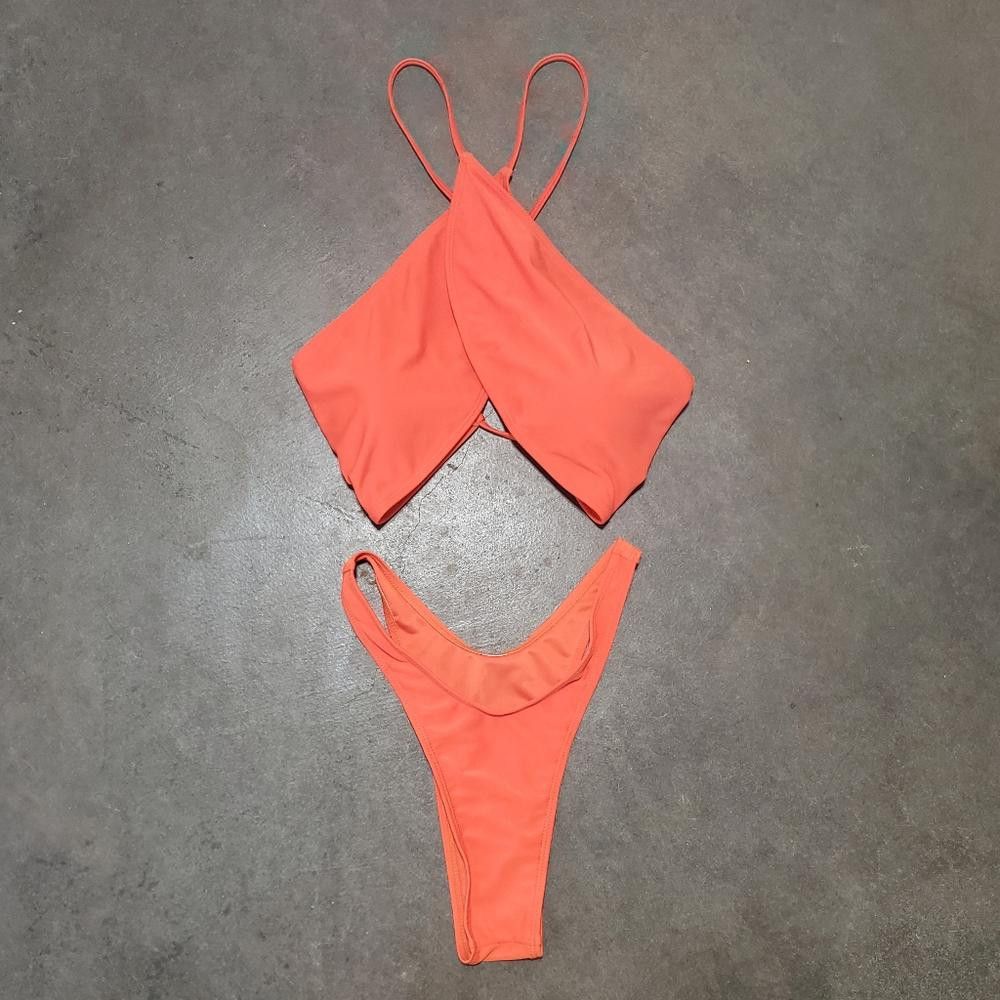Designer Coral Crossed High Cut Bikini Set Size ONE SIZE - 1 Thumbnail