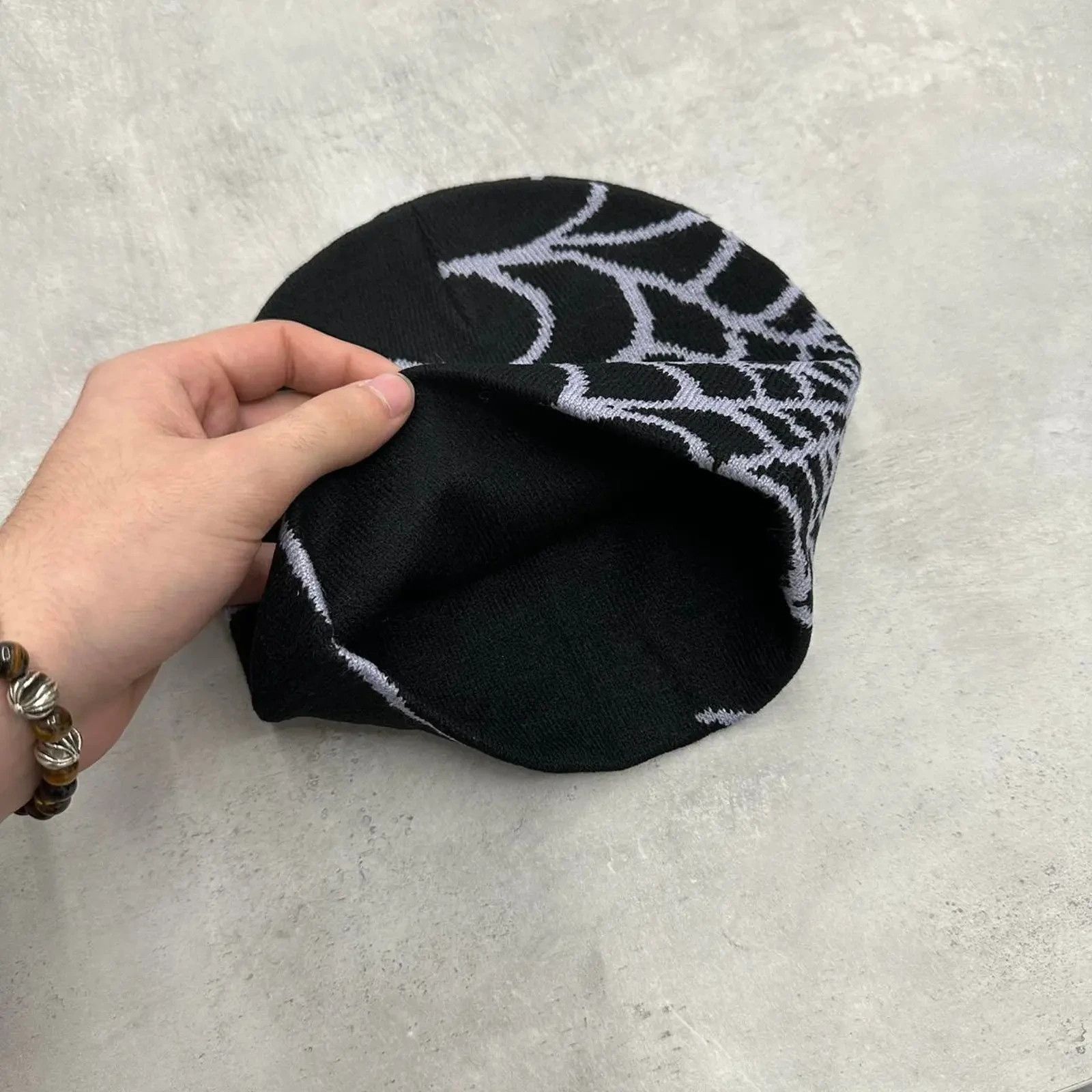 Other Vintage Style Black and Grey Spider Web Beanie Hat Mens Size ONE SIZE - 2 Thumbnail