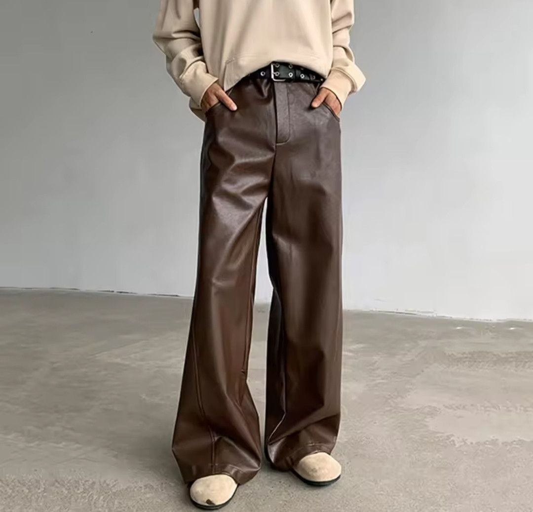 Japanese Brand Faux Leather Brown Wide Straight Leg Pants Size US 32 / EU 48 - 1 Thumbnail