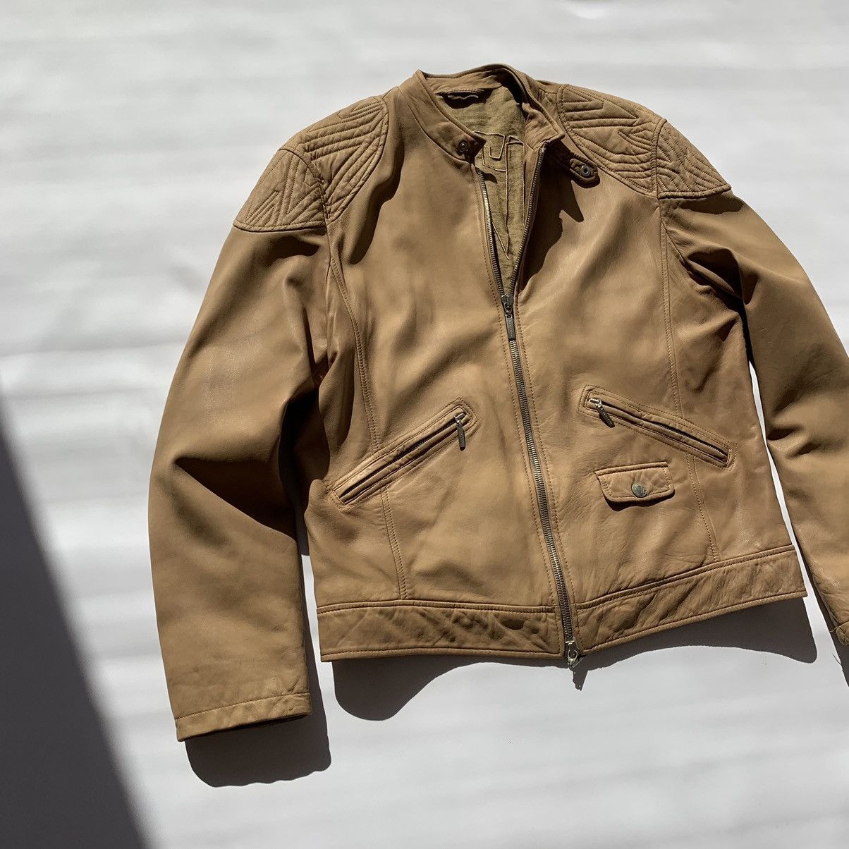 image of Versace Collection Lamb Skin Biker Leather Jacket in Light Brown, Men's (Size Large)
