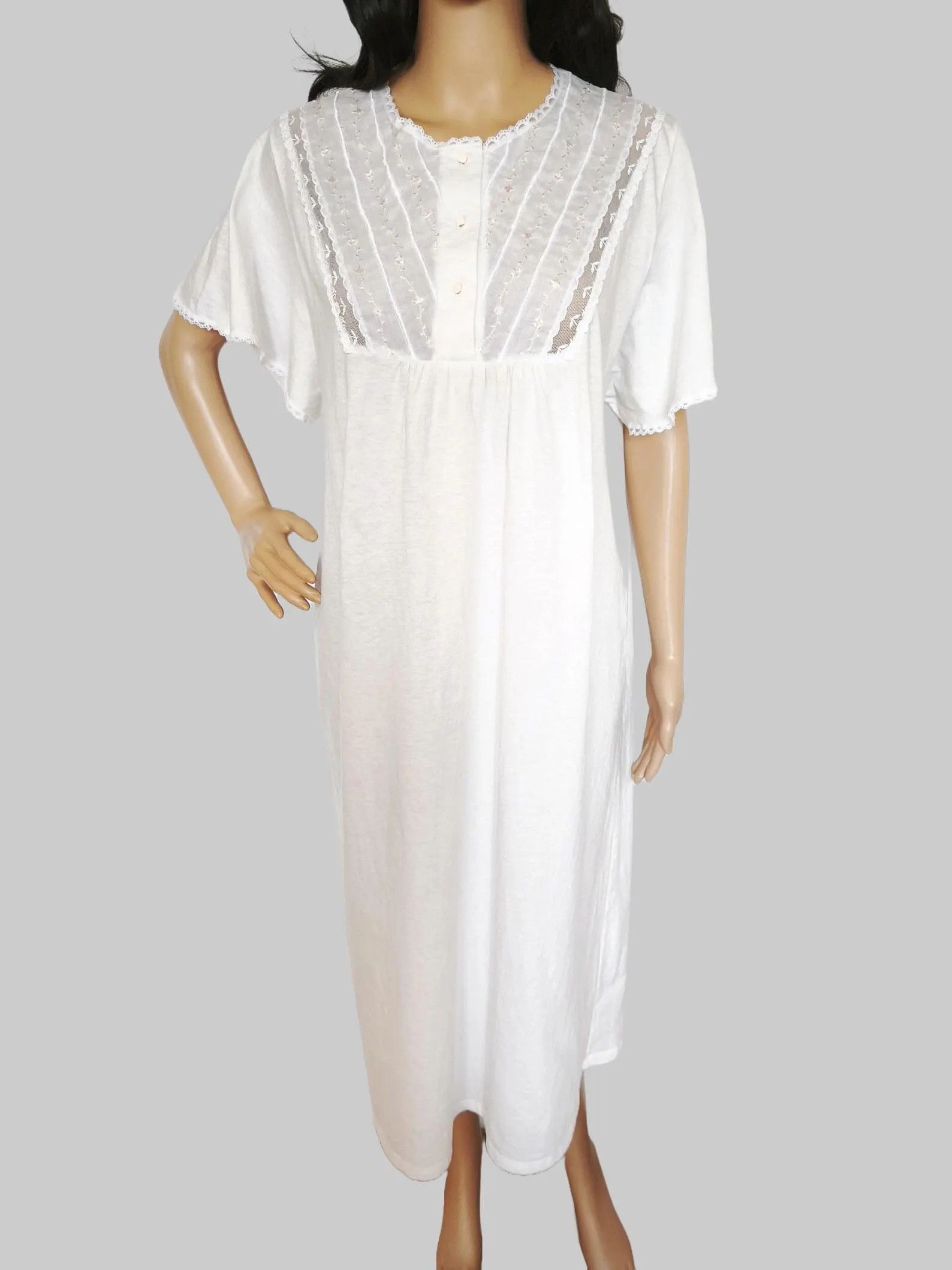 C&A White Cotton Embroidered Short Sleeve Button Up Nightgown Size L / US 10 / IT 46 - 7 Thumbnail