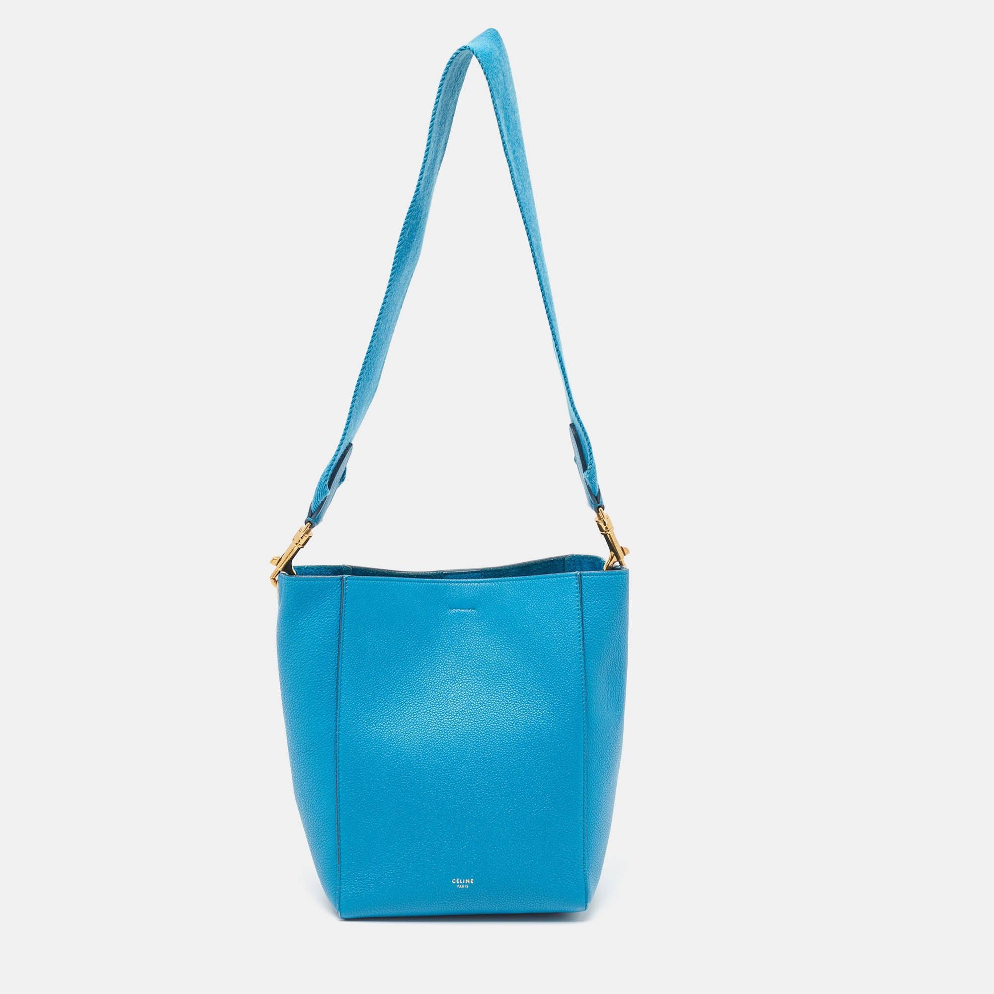 image of Celine Blue Leather Small Sangle Bucket Bag, Women's