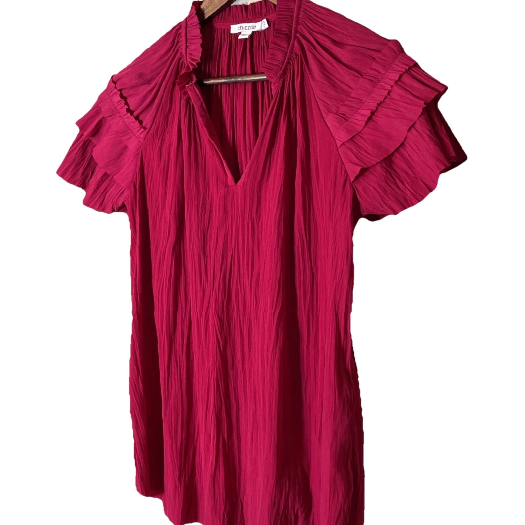 Vintage Chico's Blouse Shirt V-Neck Short Sleeve Flutter Sleeve Pleated Ruffle Polyester Red Pink 6 Regular Women Adjustable Packable All Seasons Size M / US 6-8 / IT 42-44 - 3 Thumbnail