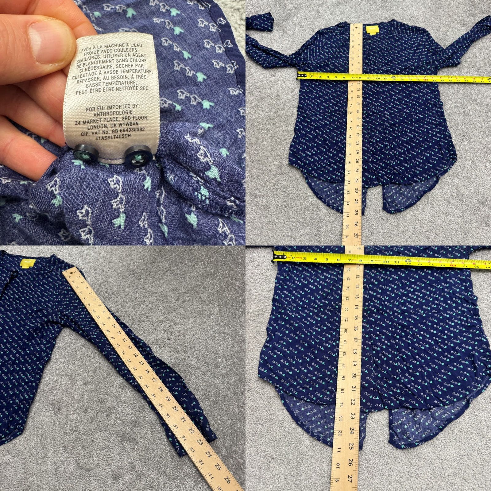 Vintage Maeve Bird Print Button Down Blouse Womens 2 Navy Blue Crew Neck Casual Long Sleeve Rayon Regular Size 2 Blue Women Mens Girls Size XS / US 0-2 / IT 36-38 - 8 Thumbnail