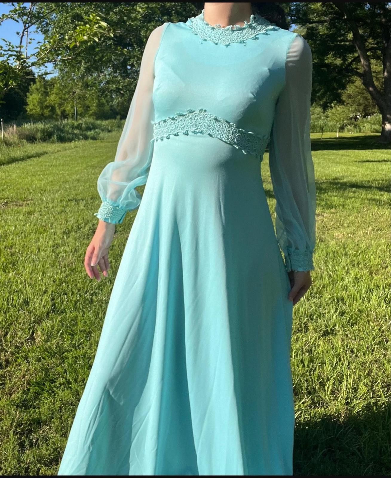 Handmade VTG Light Blue 60s Coquette Sheer Sleeved Maxi Prairie Dress Size L / US 10 / IT 46 - 4 Thumbnail