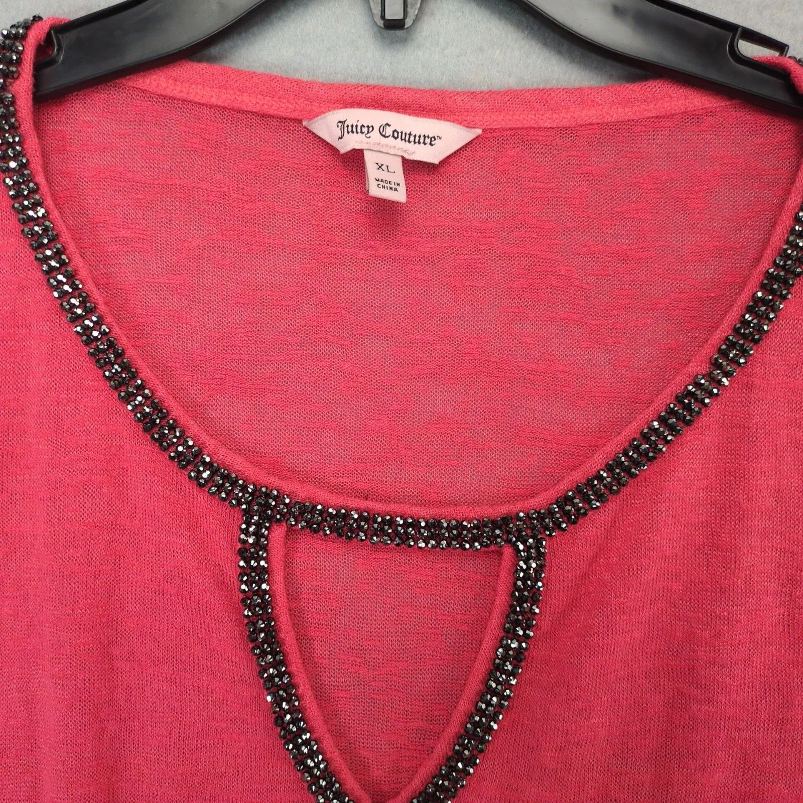 Juicy Couture Juicy Couture Coral Pink Black Rhinestone Keyhole Neck Top Size XL / US 12-14 / IT 48-50 - 3 Thumbnail