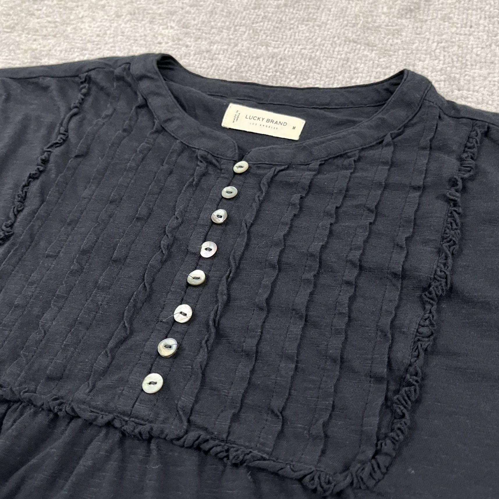Lucky Brand Lucky Brand Blouse Women M Black Pintuck Ruffle Henley Crew Neck Long Sleeve Lightweight 100% Cotton Casual Womens Size M / US 6-8 / IT 42-44 - 3 Thumbnail