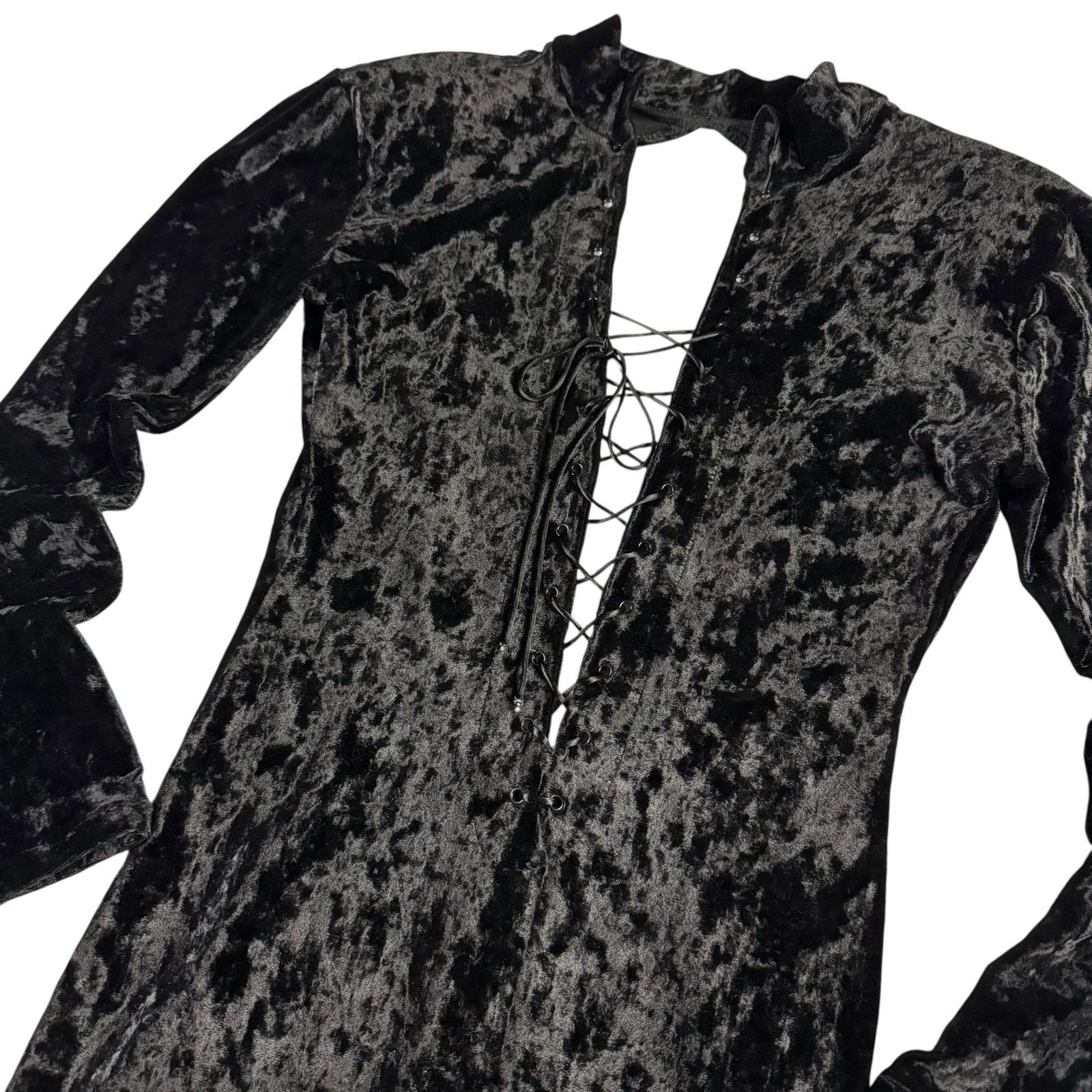 Vintage Vintage 90s Black Goth Velvet Open Back Lace-Up Midi Dress Size S / US 4 / IT 40 - 3 Thumbnail