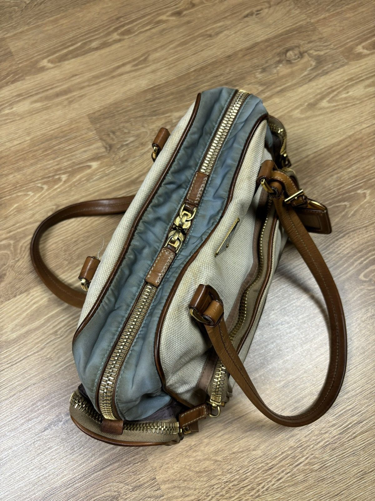 Prada Prada Beige Canvas & Brown Leather Shoulder Bag Size ONE SIZE - 9 Thumbnail