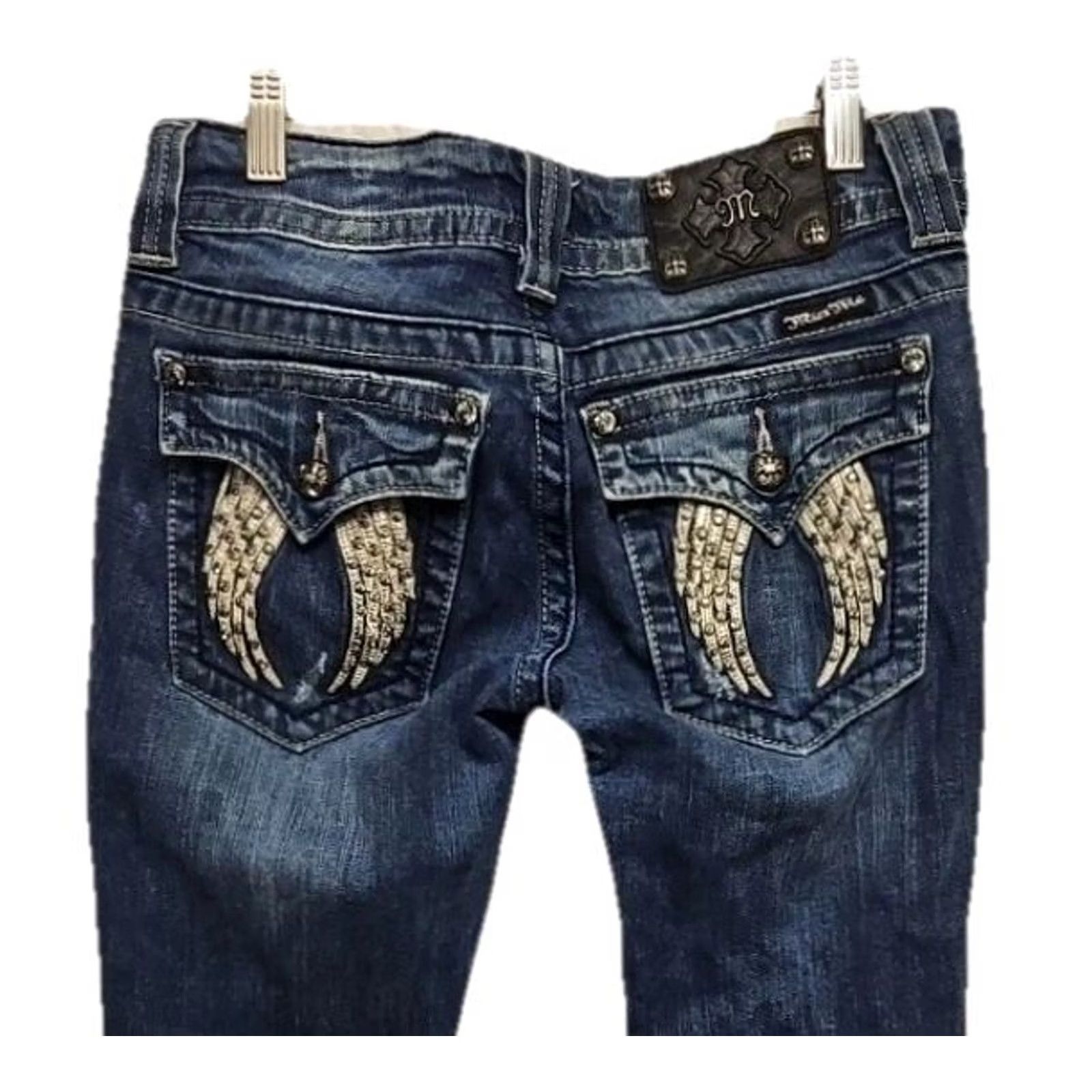 Miss Me Miss Me Jeans Womens 29 Bootcut Mid Rise Rhinestone Wing Pocket Blue 29 Regular Womens Jeans Size 29" - 5 Thumbnail