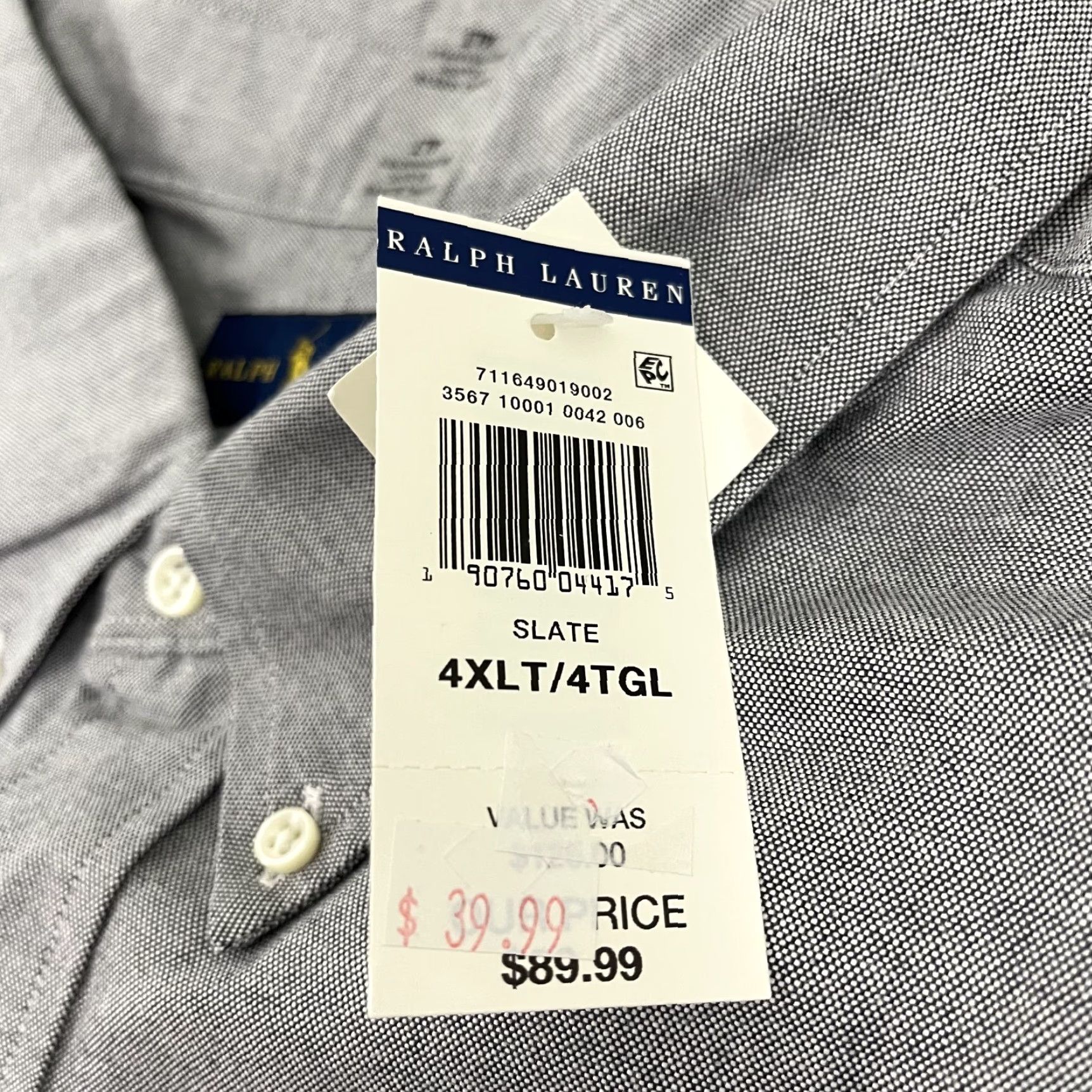 VINTAGE Ralph Lauren Shirt Mens 4XLT Tall Long Sleeve Button-Down Collared Cotton Gray Casual