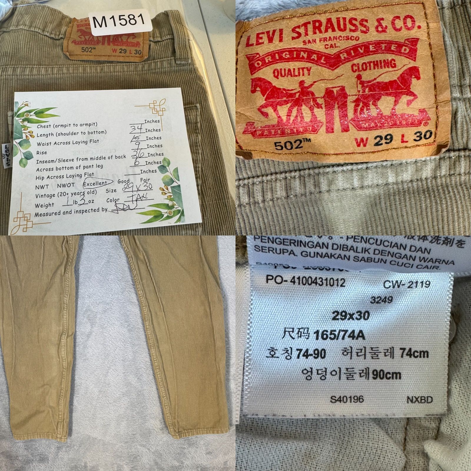 Levi's Levi’s 502 Straight Leg Corduroy Jeans Men Beige 29x30 Mid-Rise Classic Fit Size US 29 - 8 Thumbnail