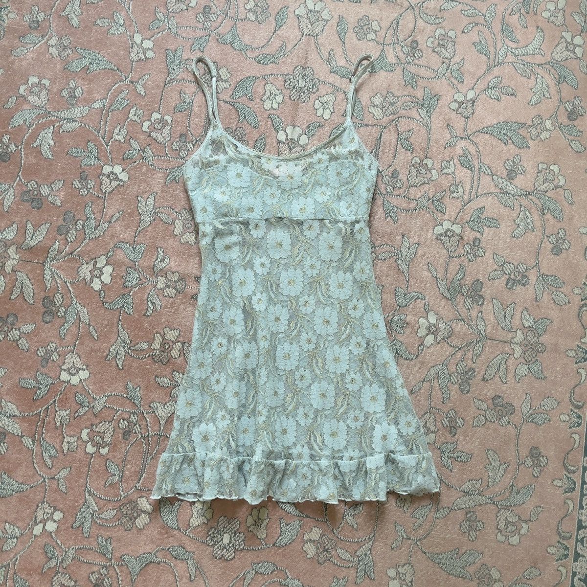 Victoria's Secret Vintage Blue Floral Mesh Semi-Sheer Mini Slip Dress (M-L) Size L / US 10 / IT 46 - 6 Thumbnail
