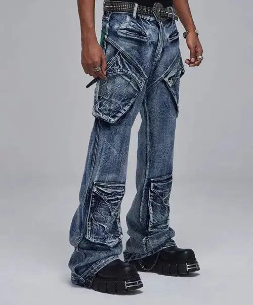 Jean Vintage washed distressed deconstructed multi-pocket jeans Size US 32 / EU 48 - 1 Thumbnail