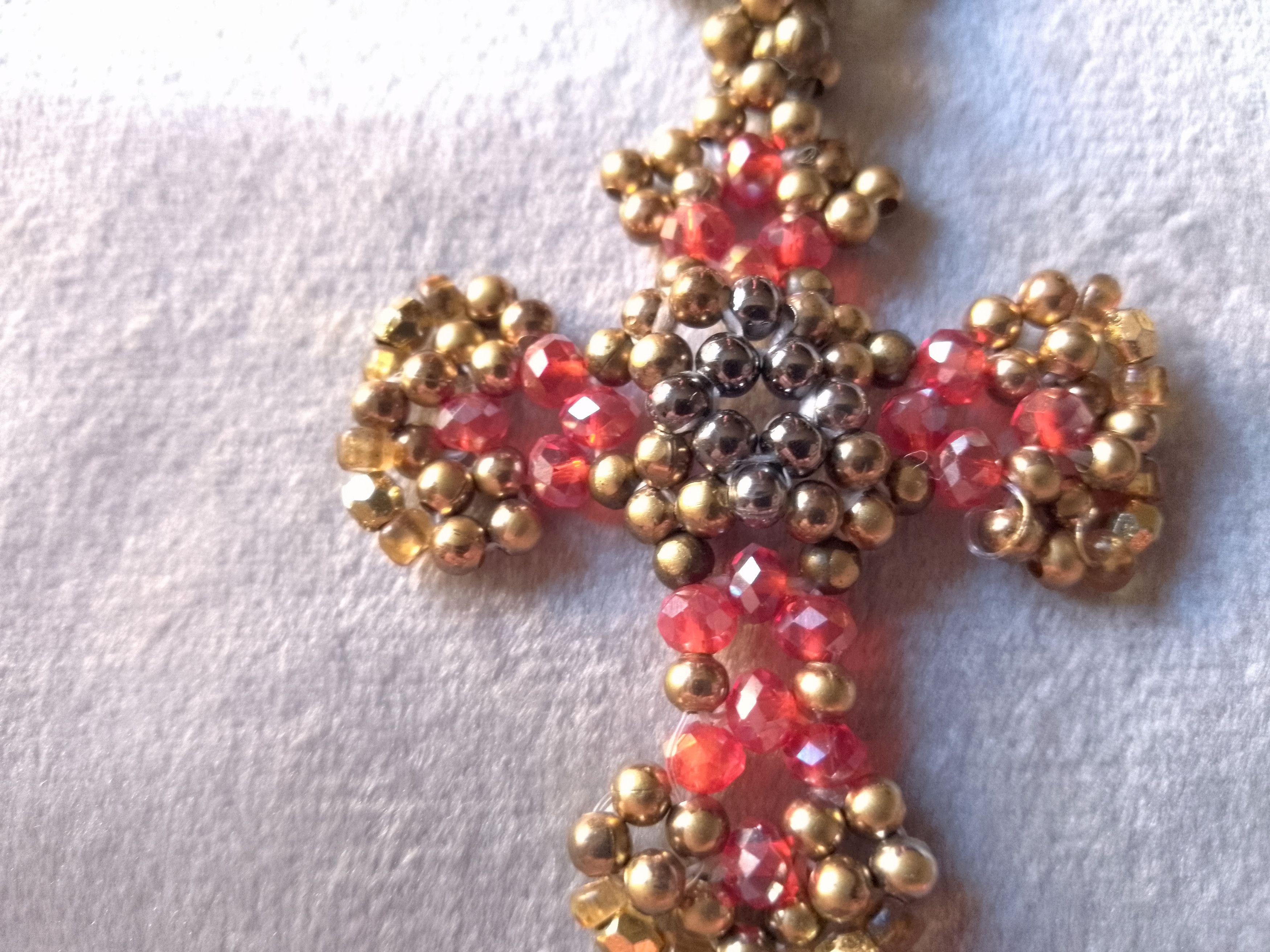 Handmade Necklace Vintage Brass Red Crystal Beaded Cross Pendant Size ONE SIZE - 2 Thumbnail