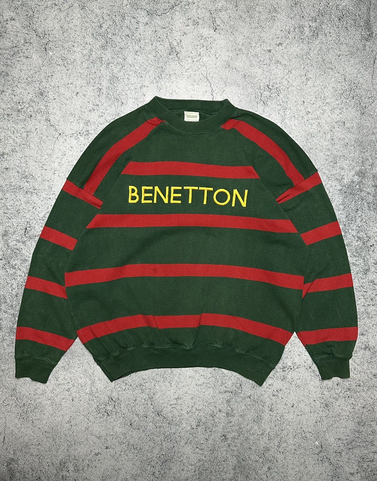 image of Vintage 90's Benetton Striped Sweatshirt Cotton Crewneck in Green/Red, Men's (Size XL)