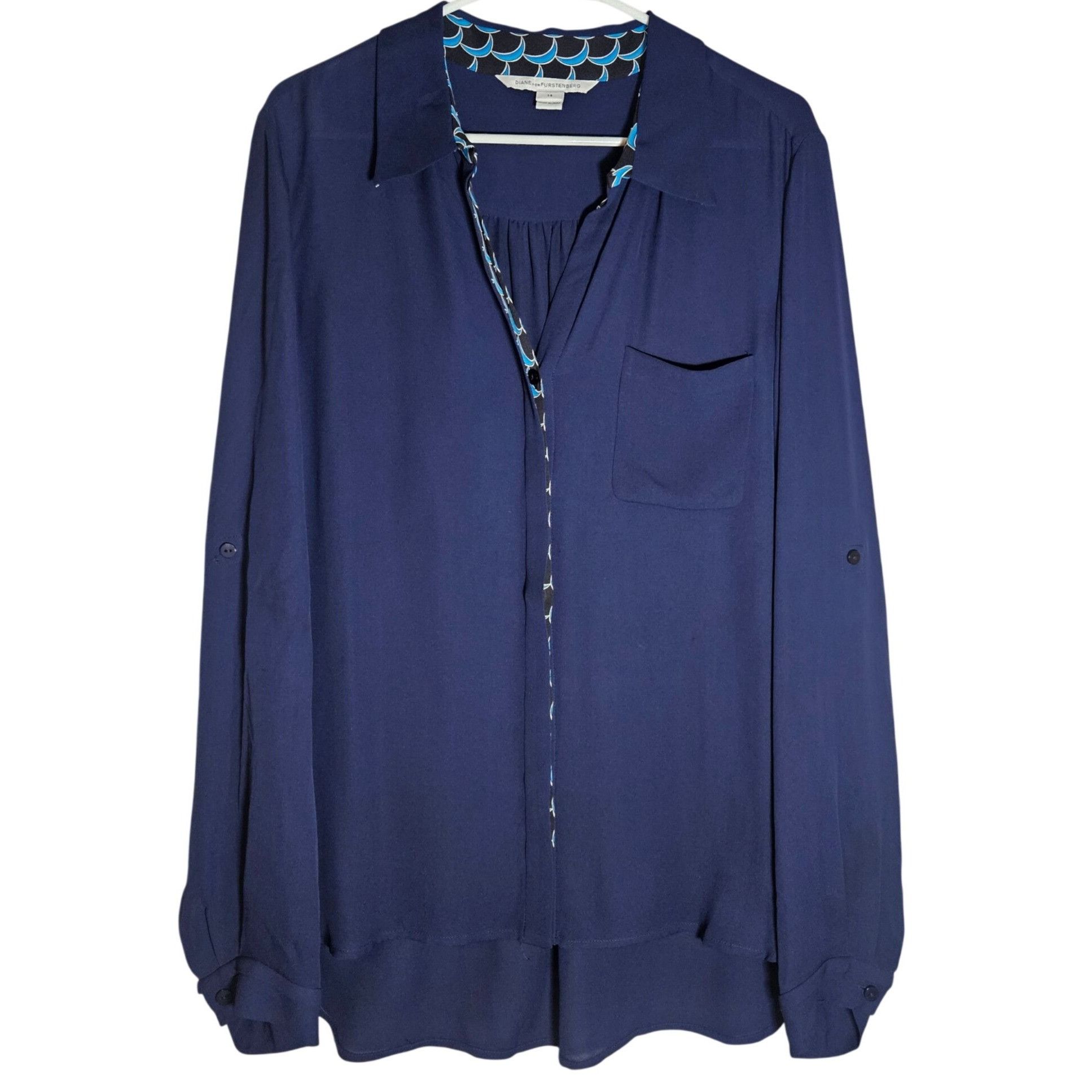 Diane von Furstenberg DVF Women 100% Silk Navy Blouse14 Long Sleeve Top Workwear Size XL / US 12-14 / IT 48-50 - 2 Thumbnail