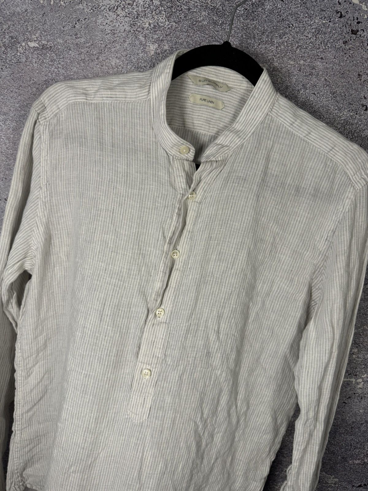 Suitsupply Suitsupply Shirt Gray Stripe Pure Linen Band Collar Popover Size US M / EU 48-50 / 2 - 7 Thumbnail