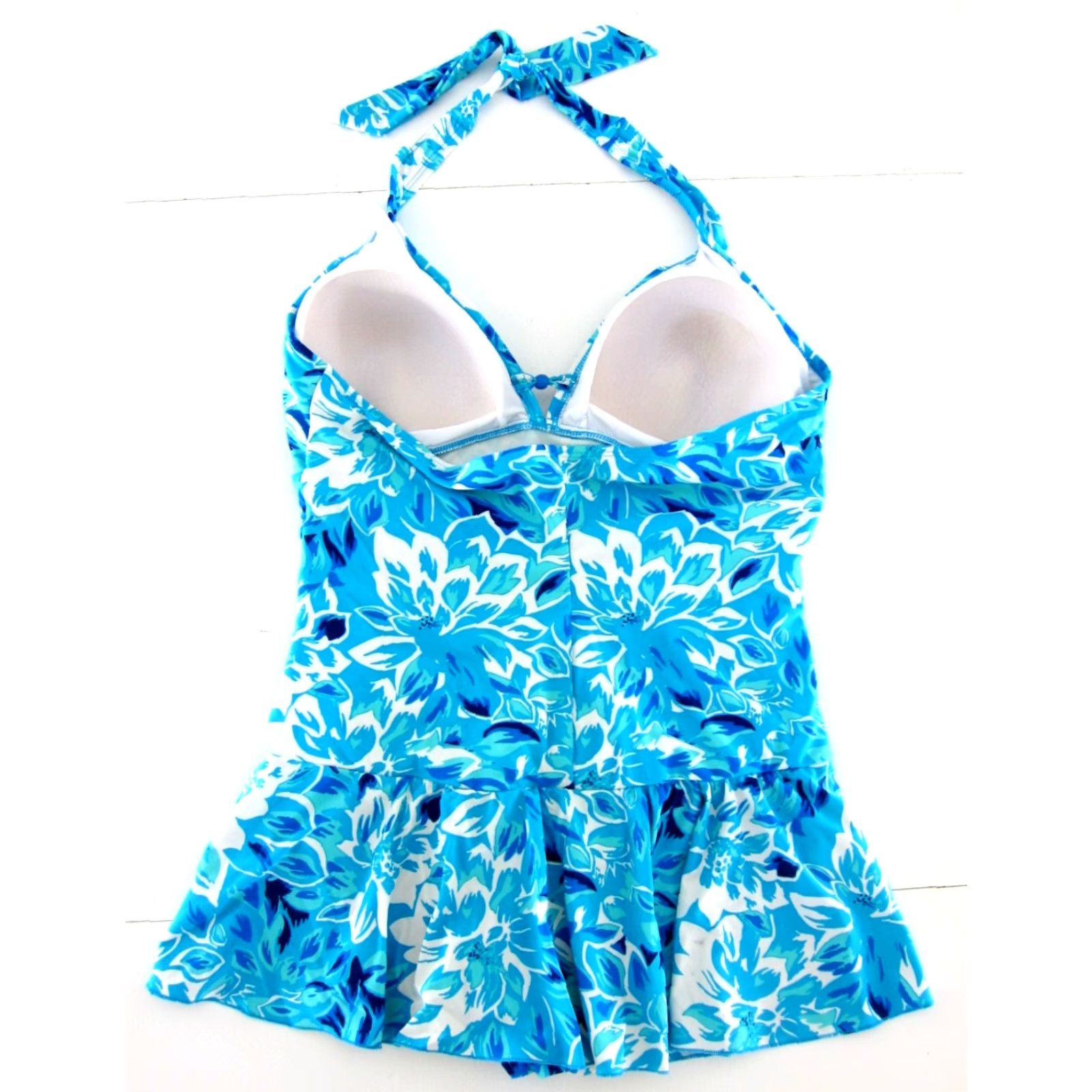 Vintage Fashion Bug One Piece Swimsuit Dress Women 20 Blue White Floral Halter Slimming Beach Polyester Spandex Nylon Vintage No Dress? Size 3XL / US 20-22 - 2 Thumbnail