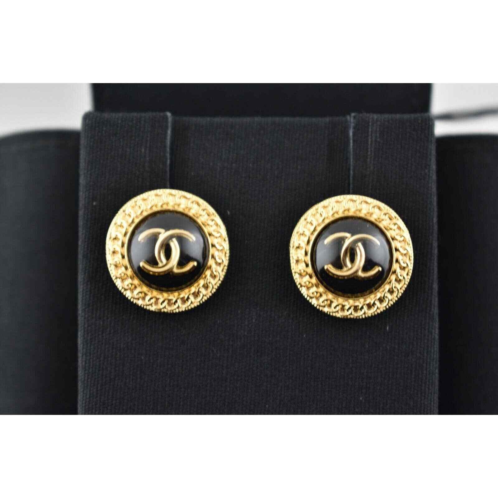 Chanel Chanel Gold Black Chain Link Dangle Statement Stud Earrings Size ONE SIZE - 5 Thumbnail